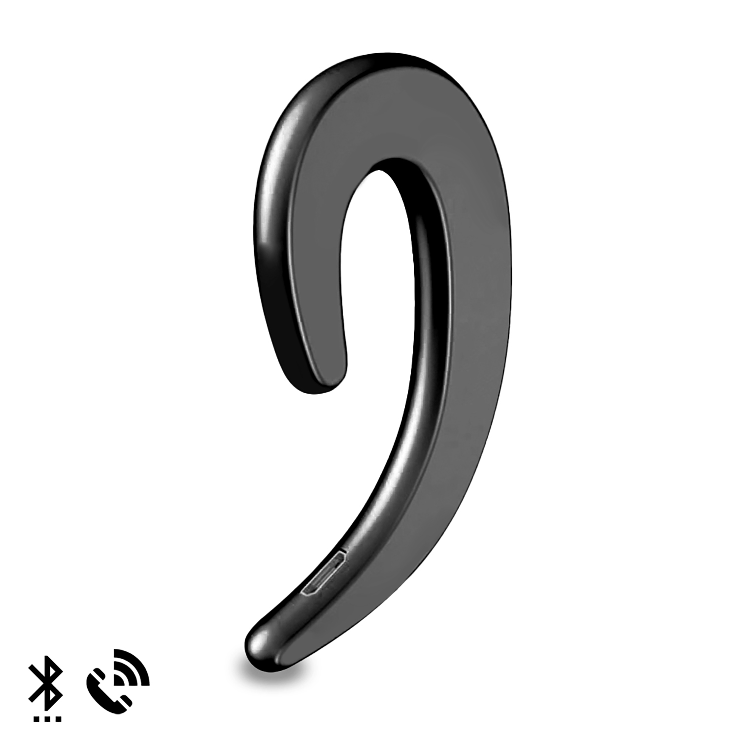 Un auricolare Bluetooth nero, curvo, over-ear con icone wireless e telefono.
