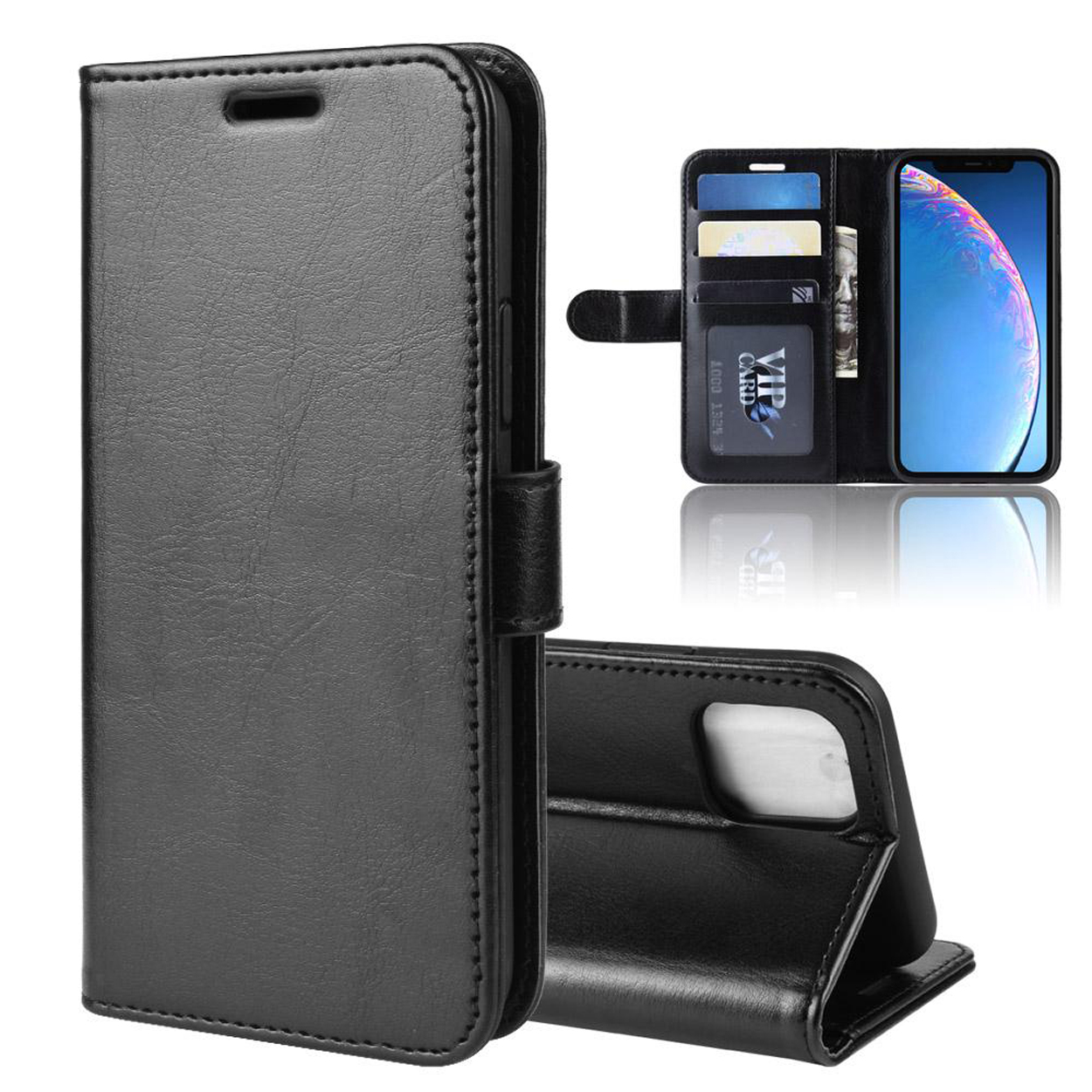 Étui de téléphone en cuir noir, ouvert. Une carte VIP et de l'argent sont visibles.