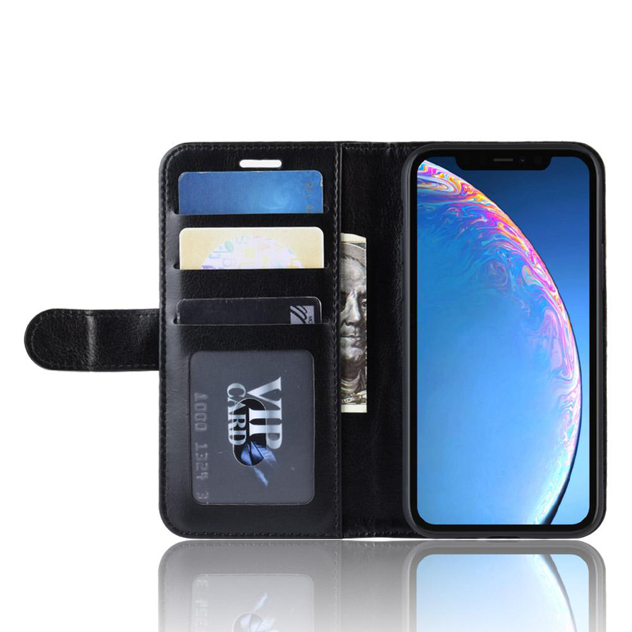 Étui de téléphone en cuir noir ouvert. L'intérieur montre des cartes, de l'argent et un téléphone avec écran coloré.