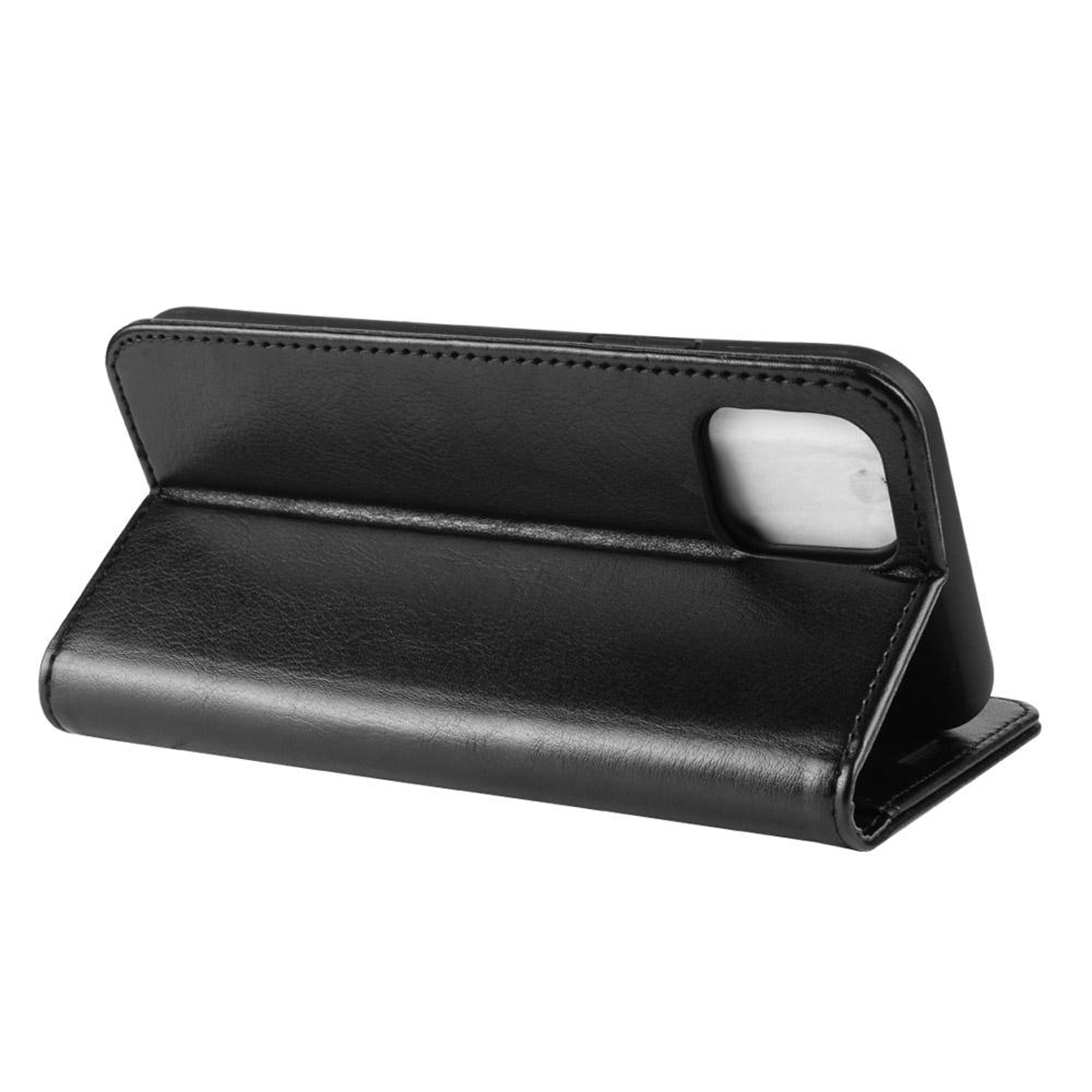 Étui de téléphone en cuir noir, ouvert. Le téléphone est visible à l'intérieur. Sur fond blanc.