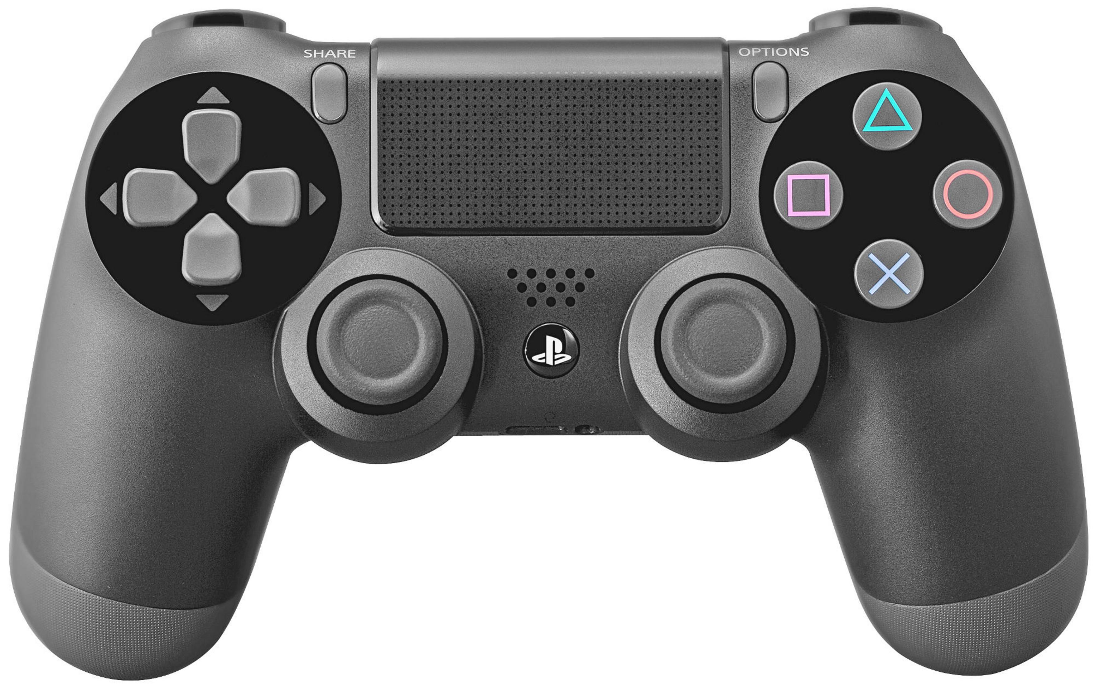 Ein schwarzer Playstation 4 Controller, mit Share-, Options- und Richtungstasten sichtbar.