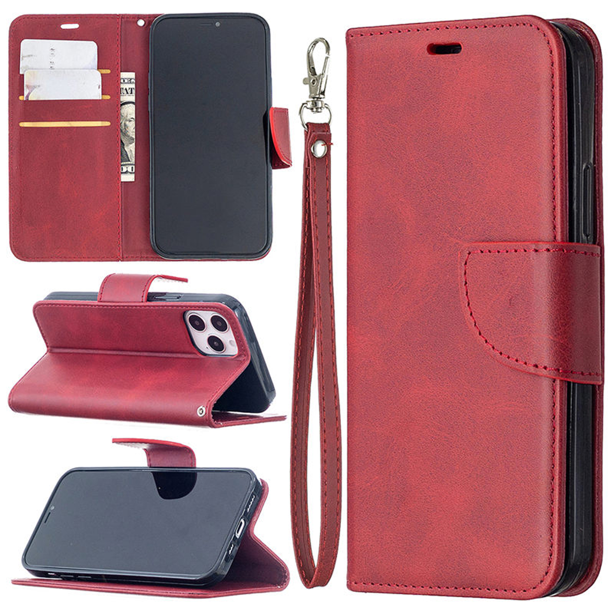 Étui de téléphone rouge avec design portefeuille. Téléphone visible en différentes positions. Cartes et espèces visibles.