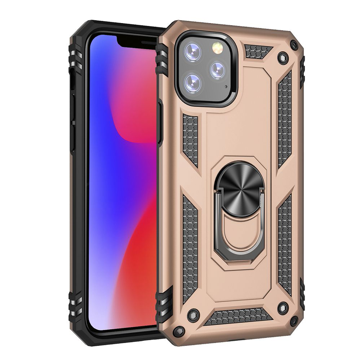 Roségouden telefoonhoesje op een telefoon. Hoesje met ringhouder.