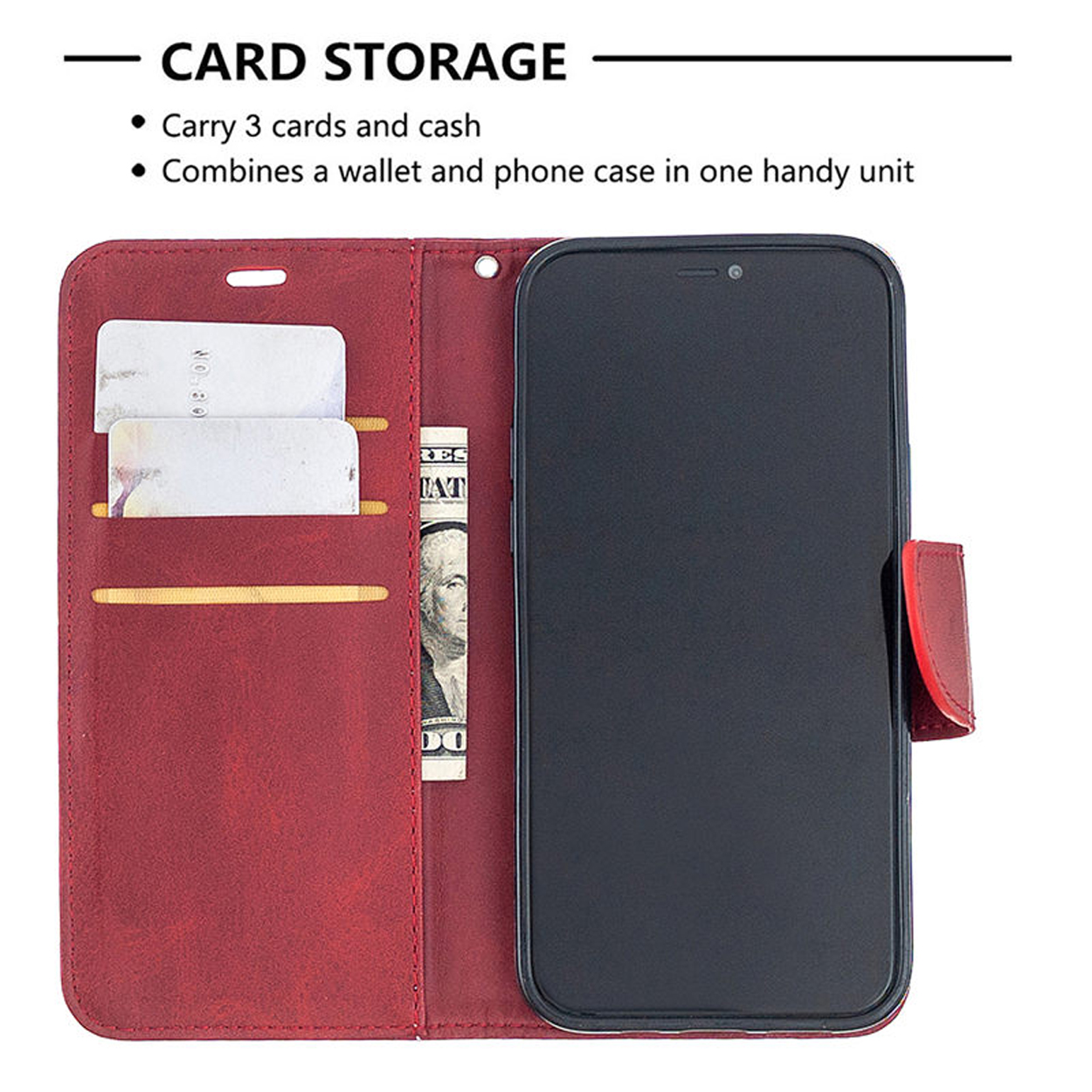 Étui de téléphone rouge de style portefeuille avec compartiments ouverts pour cartes, espèces et téléphone.