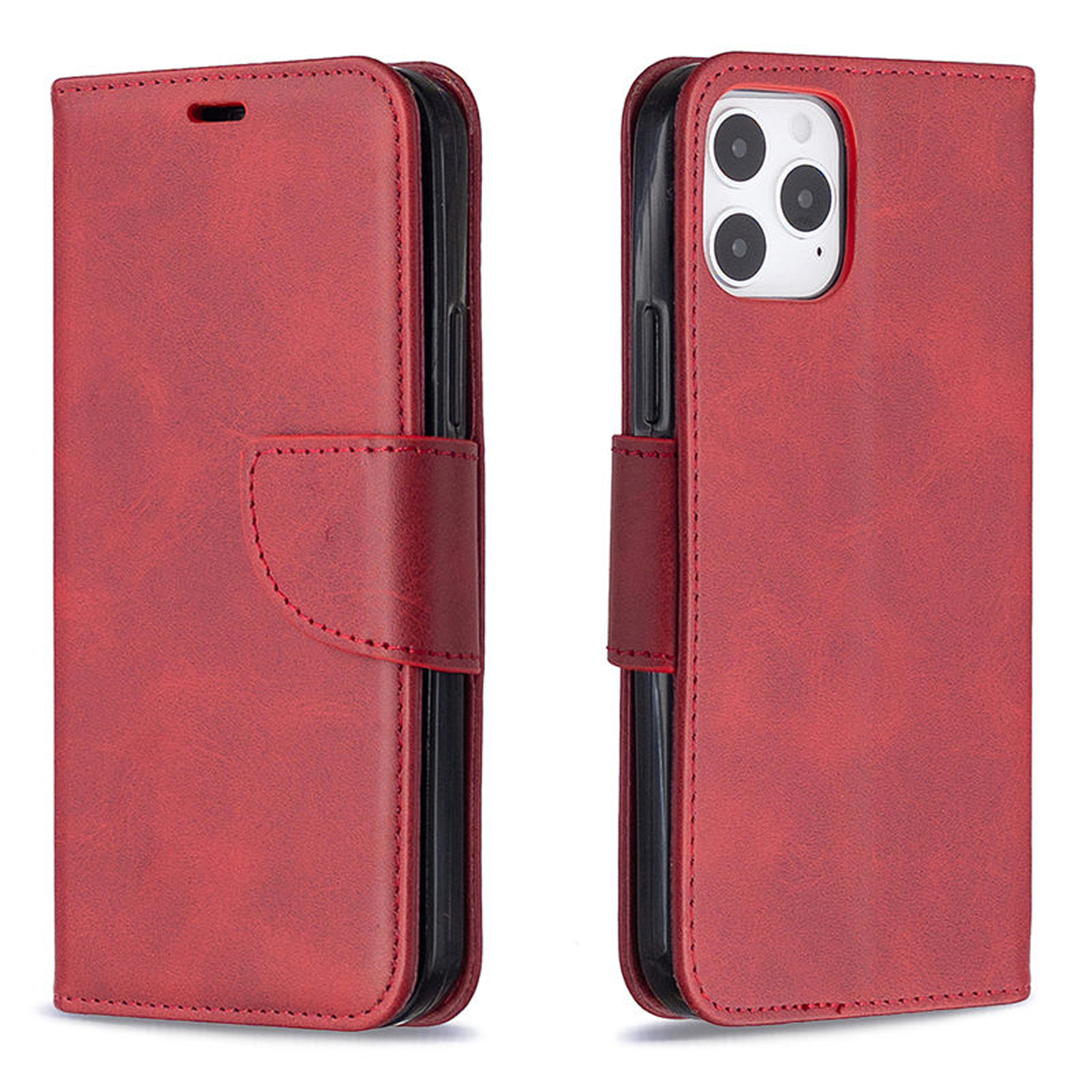 Coque de téléphone rouge ouverte. Téléphone à l'intérieur. Fond : blanc.