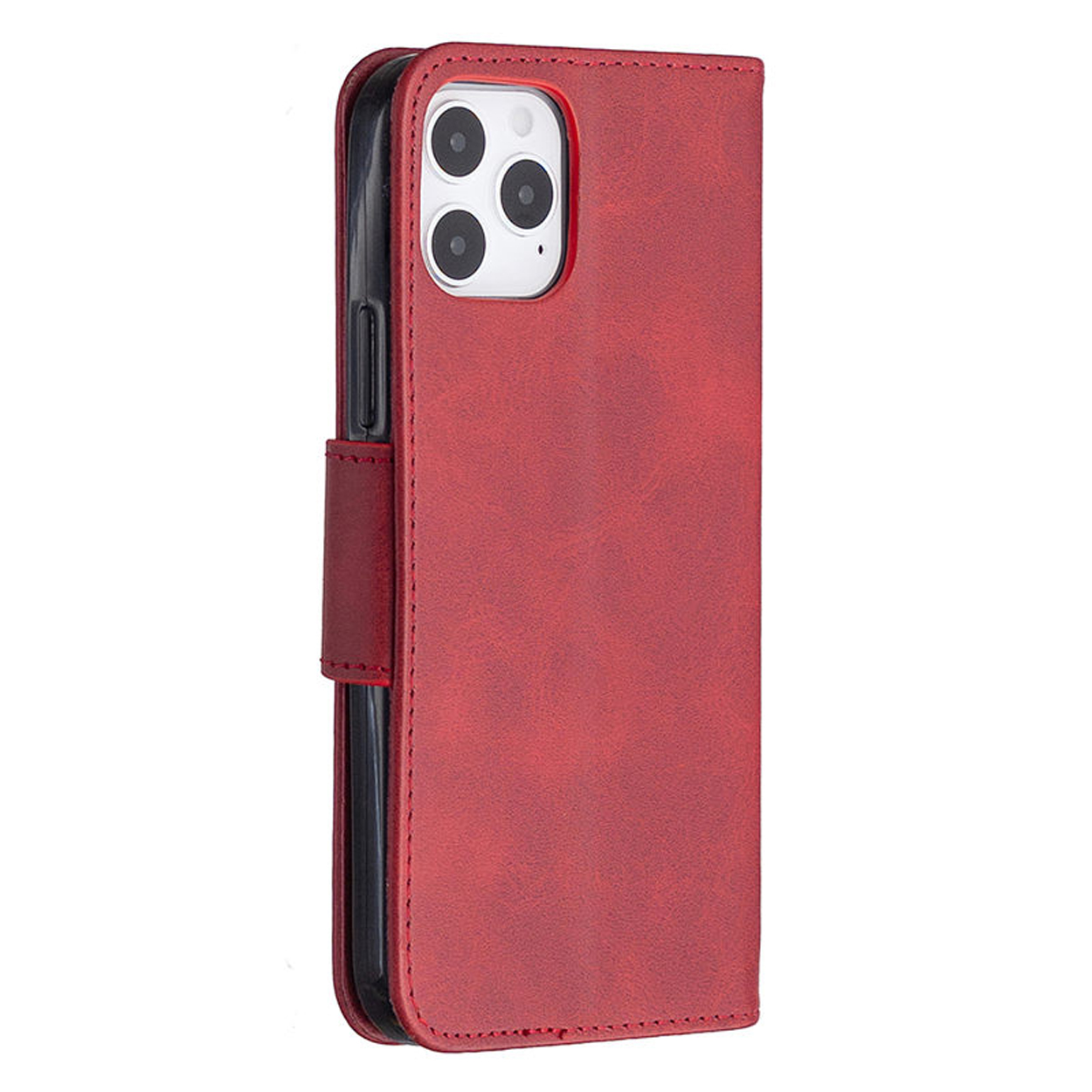 Étui de téléphone rouge ouvert. Le téléphone est noir. Fond blanc.