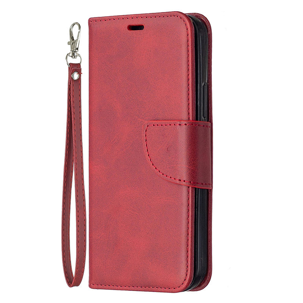 Étui de téléphone en cuir rouge avec sangle. Il a une fermeture magnétique.