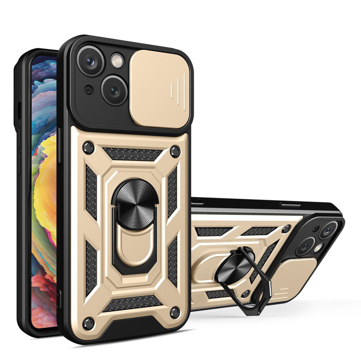 Telefoonhoesje met een draaiende ring, in goud en zwart. De telefoon zit erin, met camerabescherming.