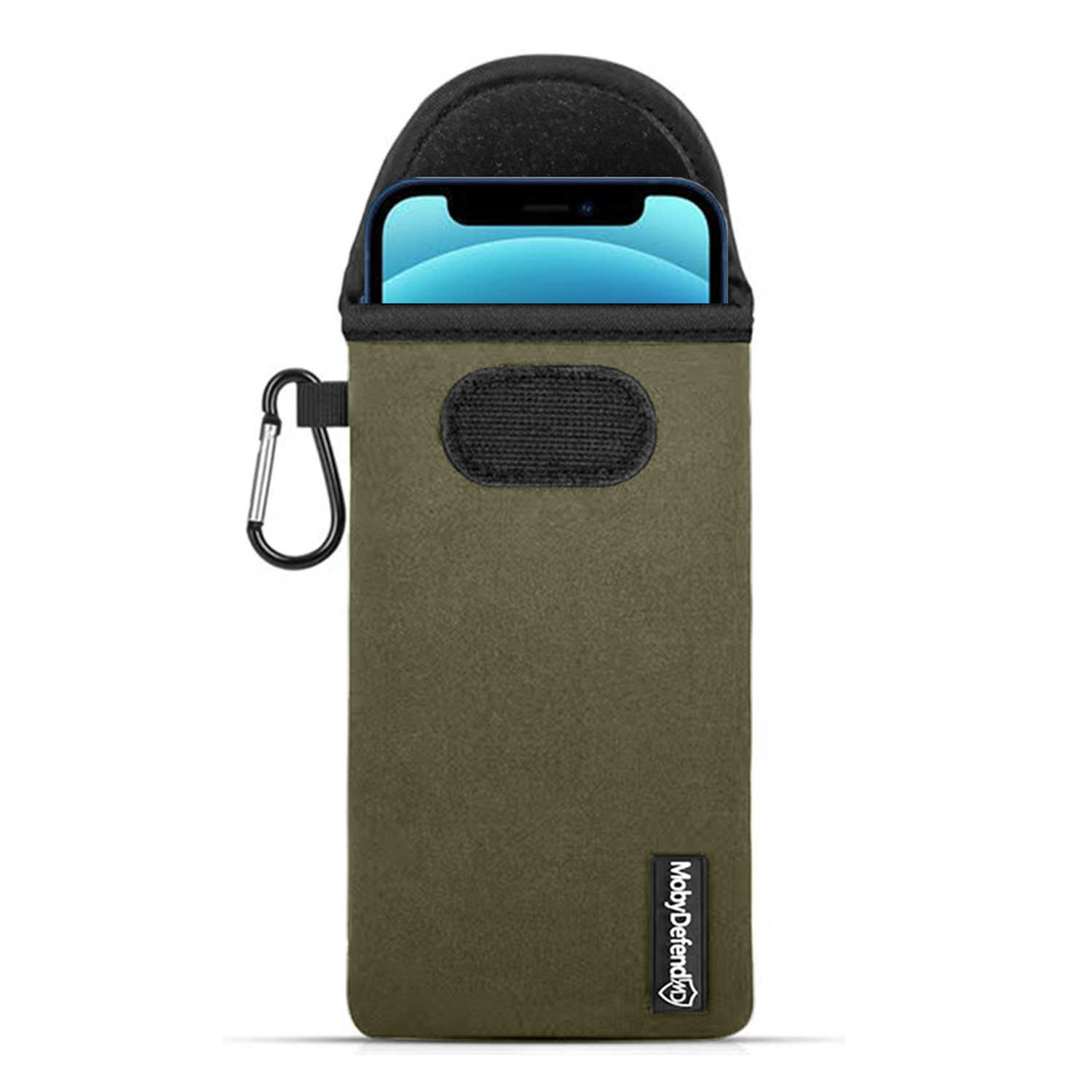 Groene telefoonzak met karabijnhaak, er zit een telefoon in met een lichtblauw scherm.