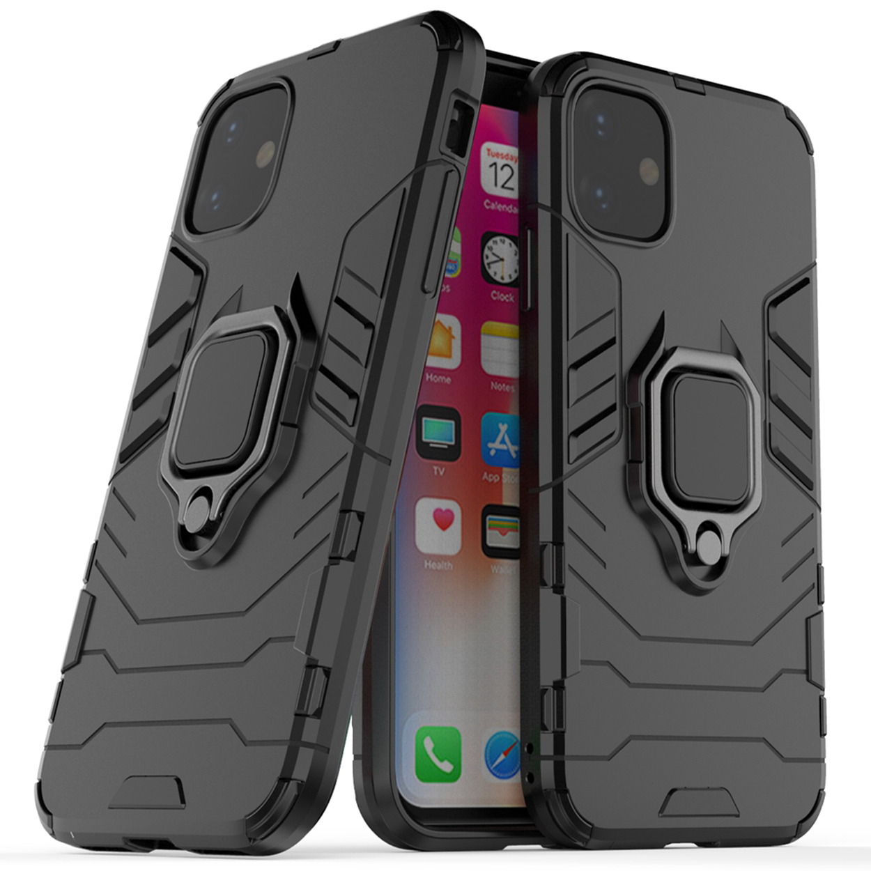 Coques de téléphone noires avec un anneau. Les téléphones sont côte à côte. Fond blanc.