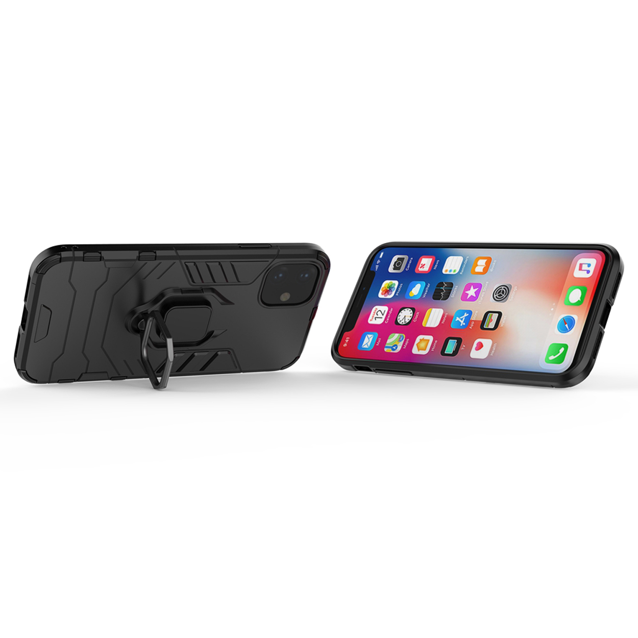 Coque de téléphone noire avec anneau. Montre le téléphone dans l'étui et l'écran du téléphone.
