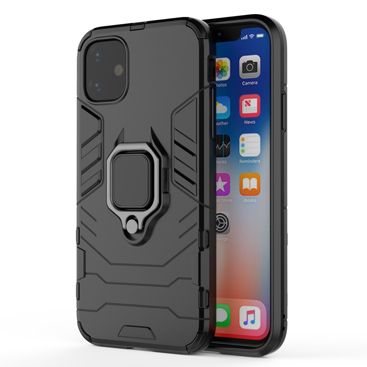 Étui de téléphone noir avec téléphone. Le téléphone affiche des icônes d'application sur fond blanc.