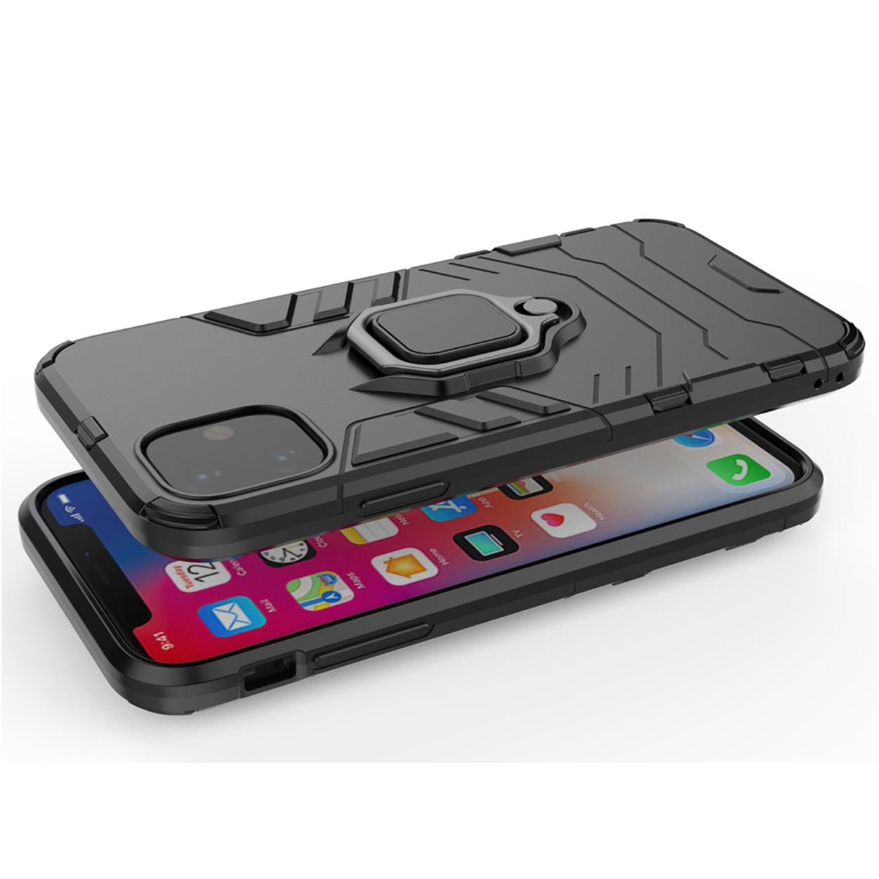 Coque de téléphone noire avec téléphone à l'intérieur. Le téléphone affiche un écran avec des applications. Fond blanc.