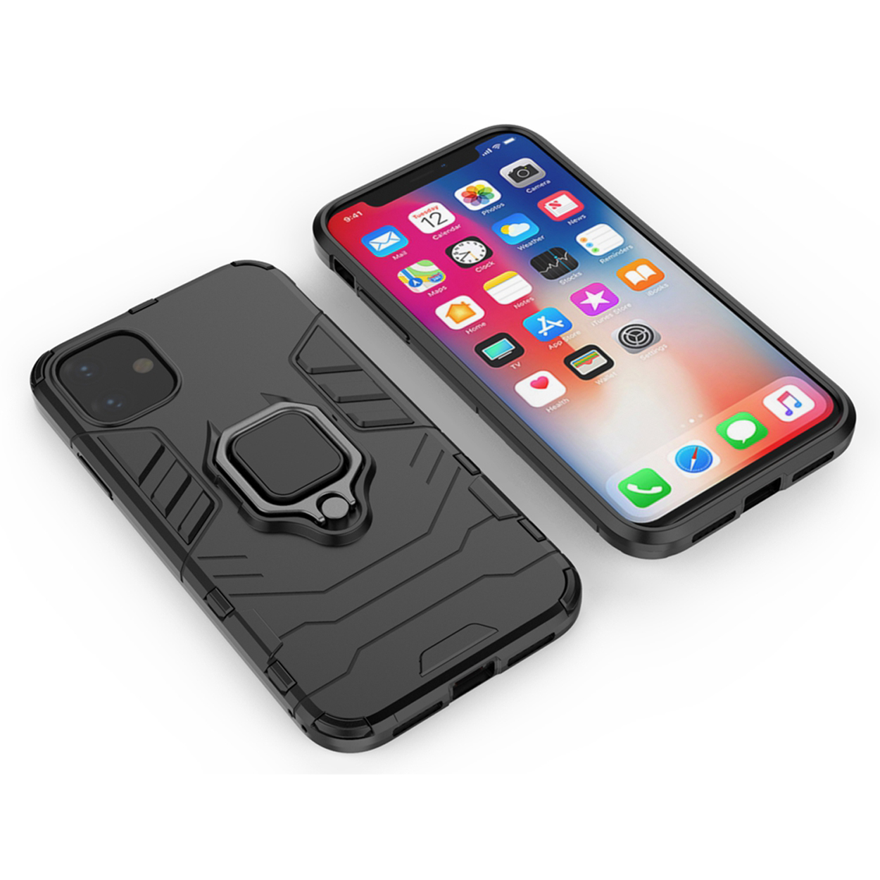 Deux étuis de téléphone noirs à côté d'un iPhone. Un étui a un support d'anneau.