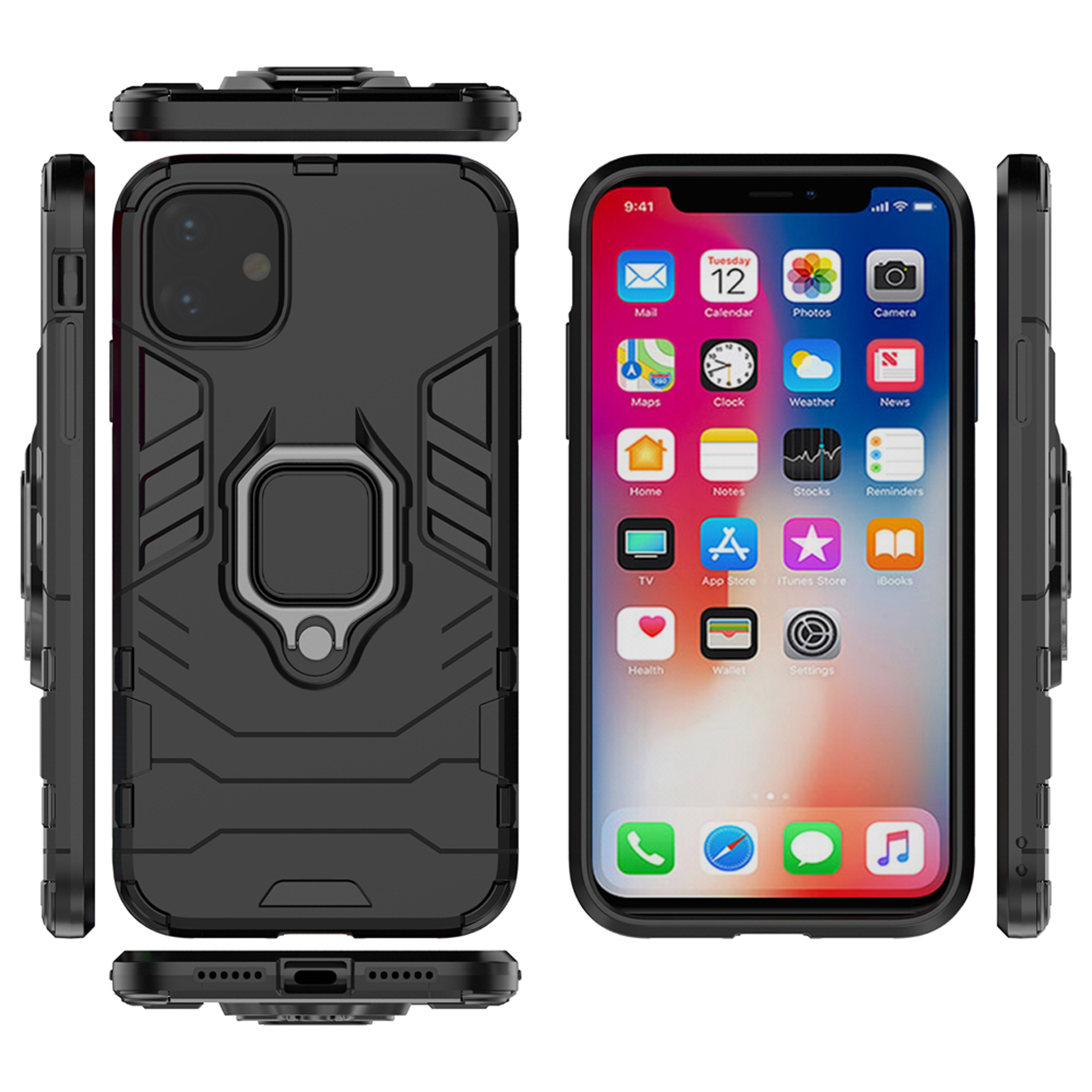 Coque de téléphone noire avec un téléphone à l'intérieur, montrant l'écran du téléphone. La coque a un support anneau.