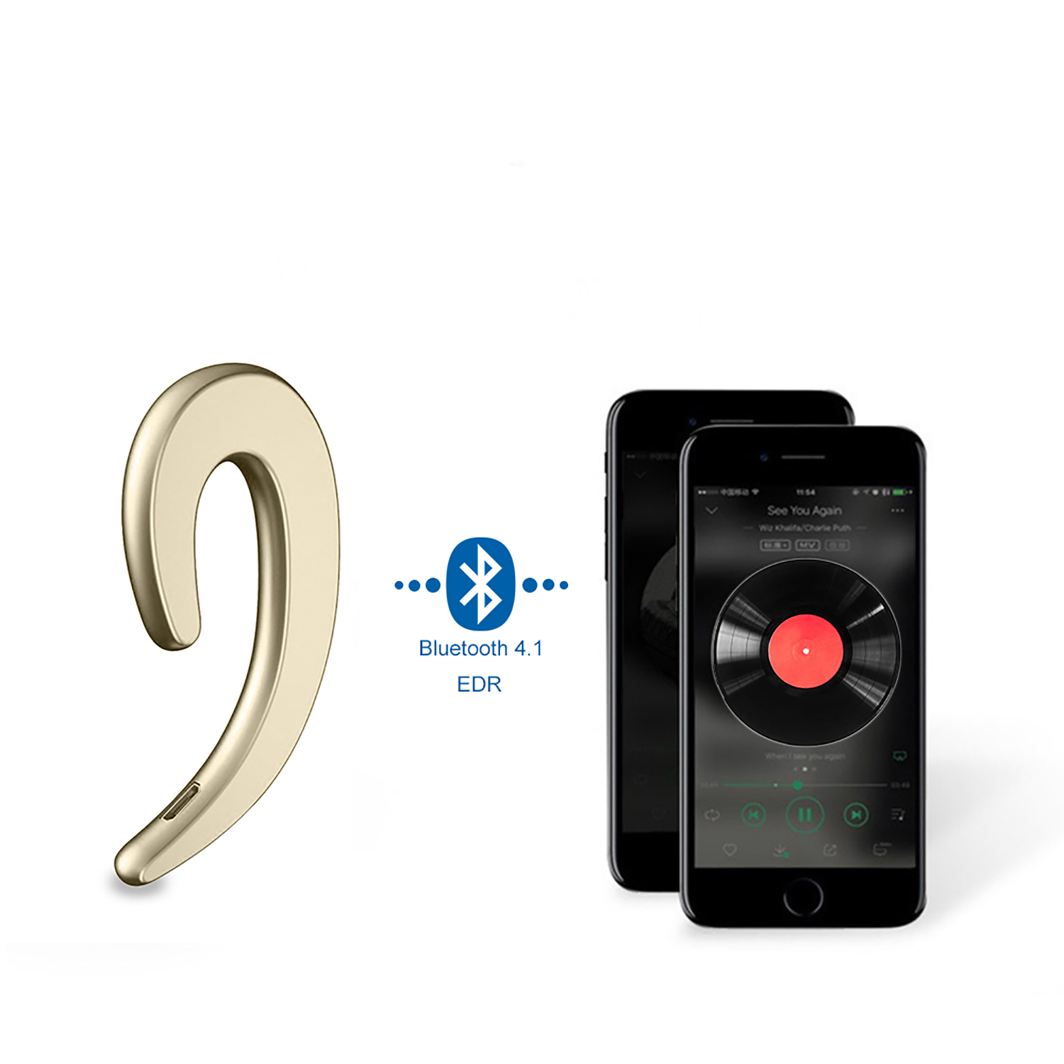 Goldener Kopfhörer neben Smartphones. Ein Telefon zeigt Musik, das andere ist schwarz.