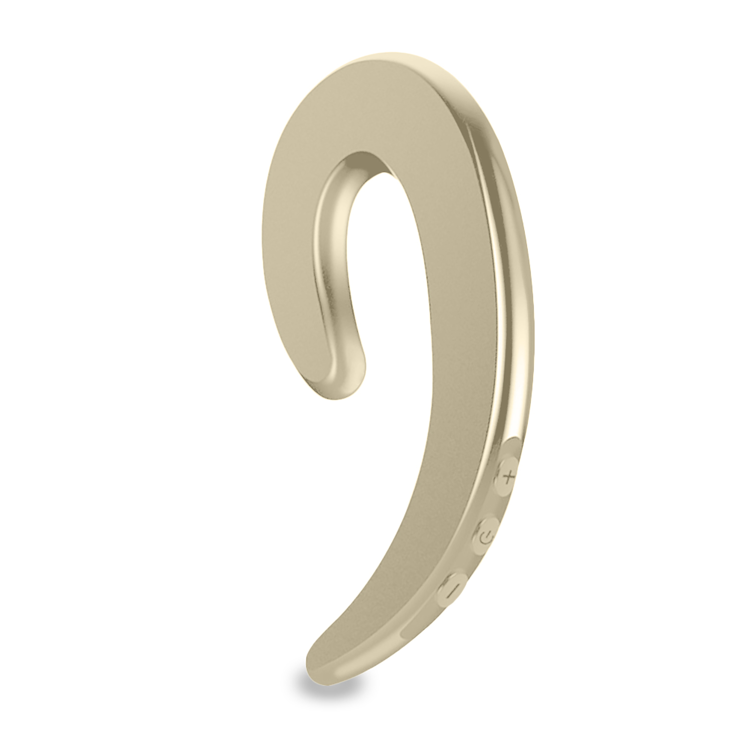 Ein goldfarbenes Bluetooth-Headset im Ohrbügel-Stil, isoliert auf weißem Hintergrund.