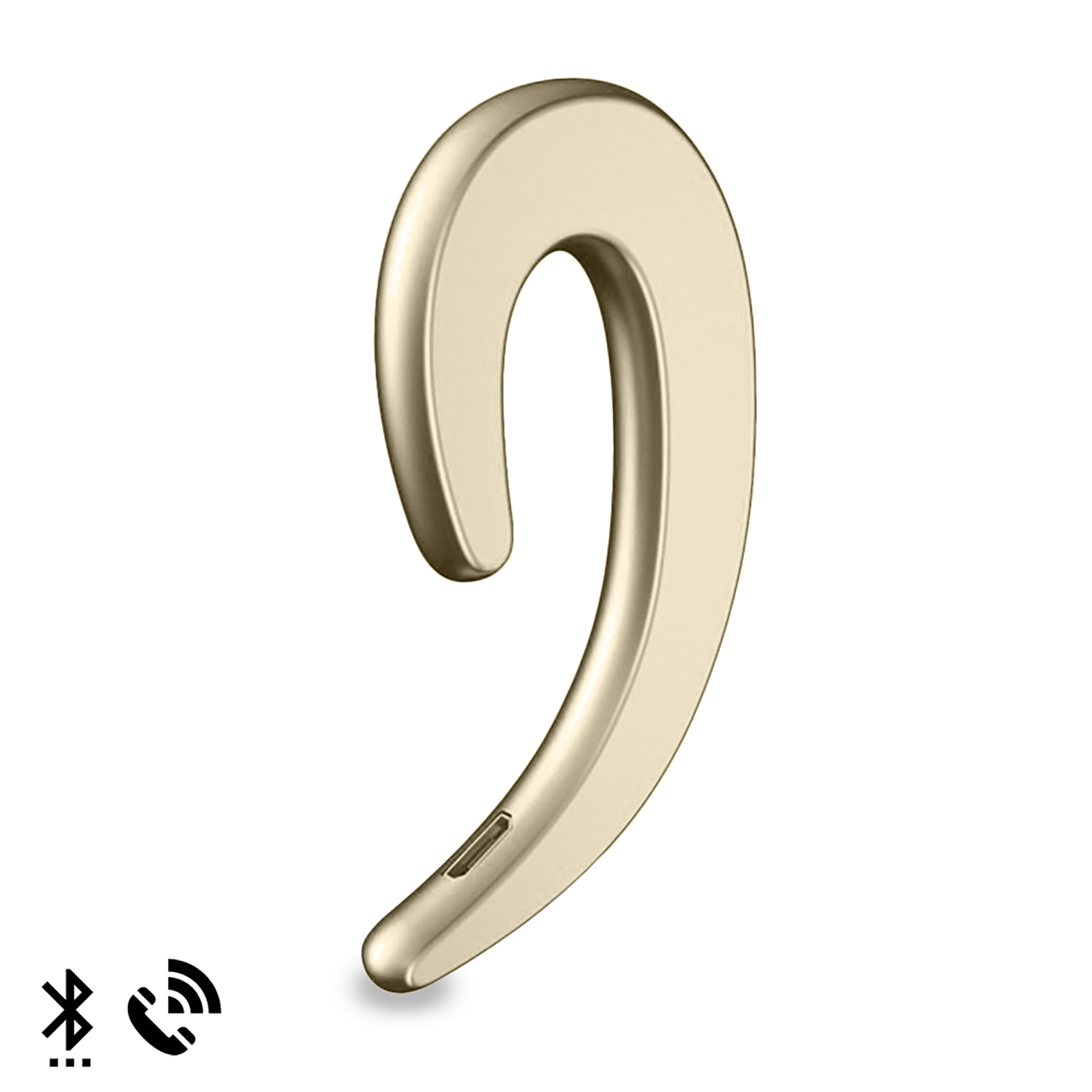 Goldfarbener Bluetooth-Ohrhörer. Weißer Hintergrund mit Bluetooth- und Telefon-Symbolen.