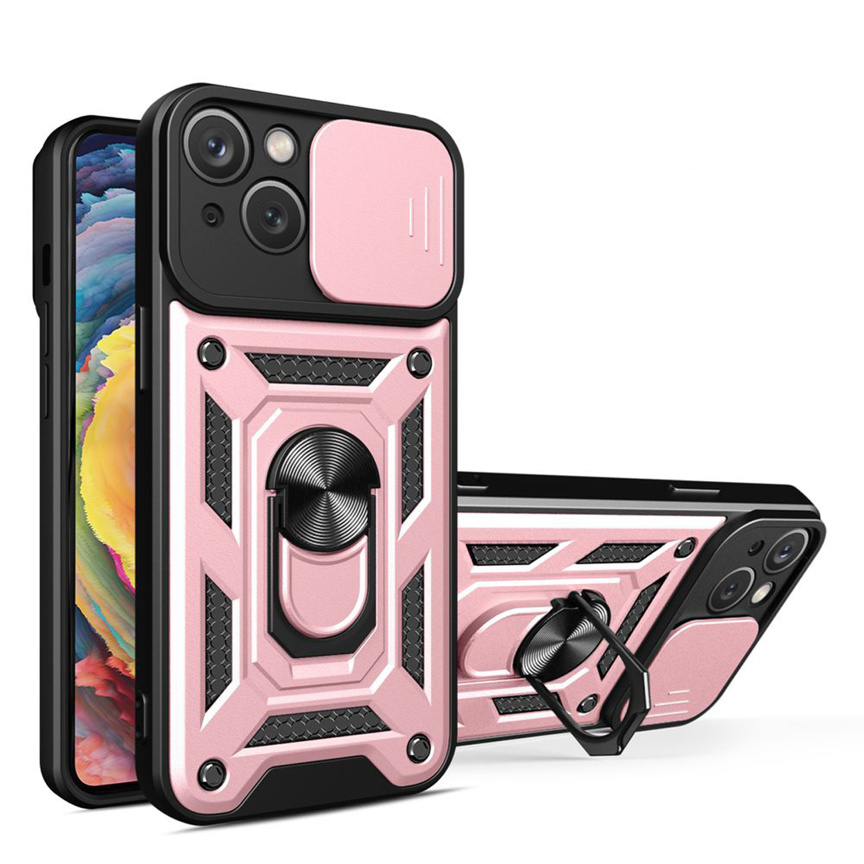 Coque de téléphone rose avec cache caméra et support d'anneau, sur fond blanc, avec une autre coque.