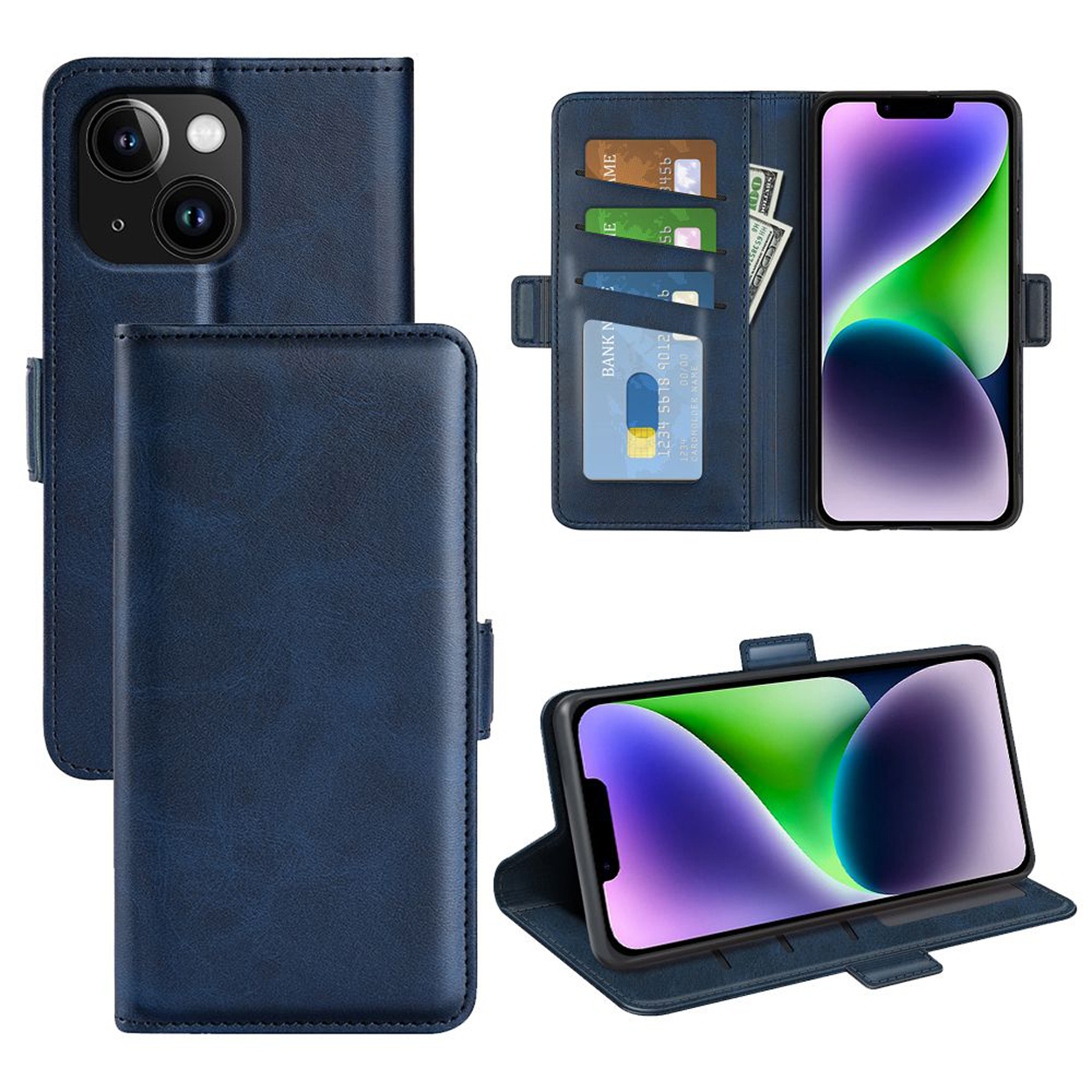Blauwe telefoonhoes open, telefoon en kaarten tonend. Achtergrond: wit.