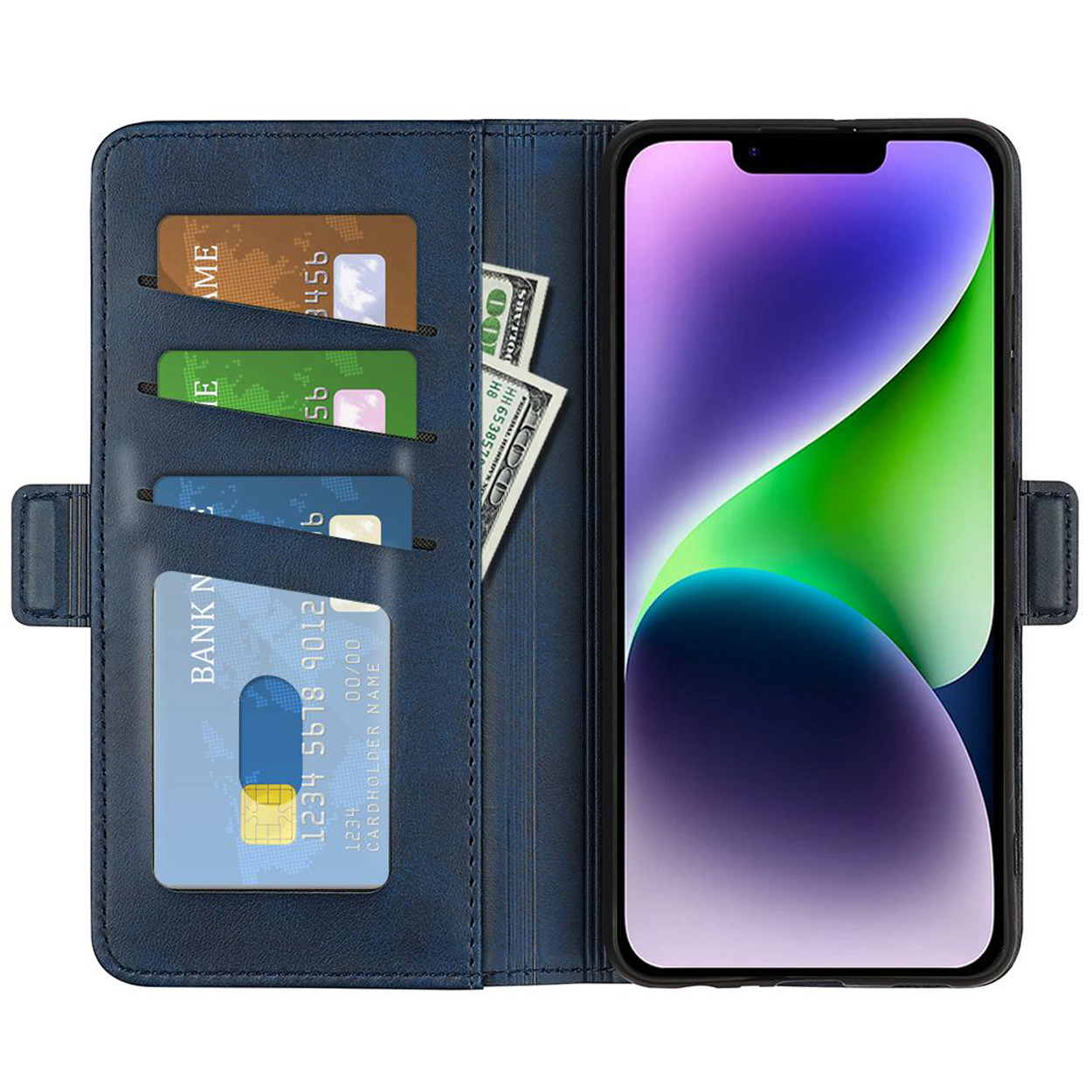 Blauwe leren telefoonhoes open met kaarten en geld erin, een telefoon met een scherm tonend.