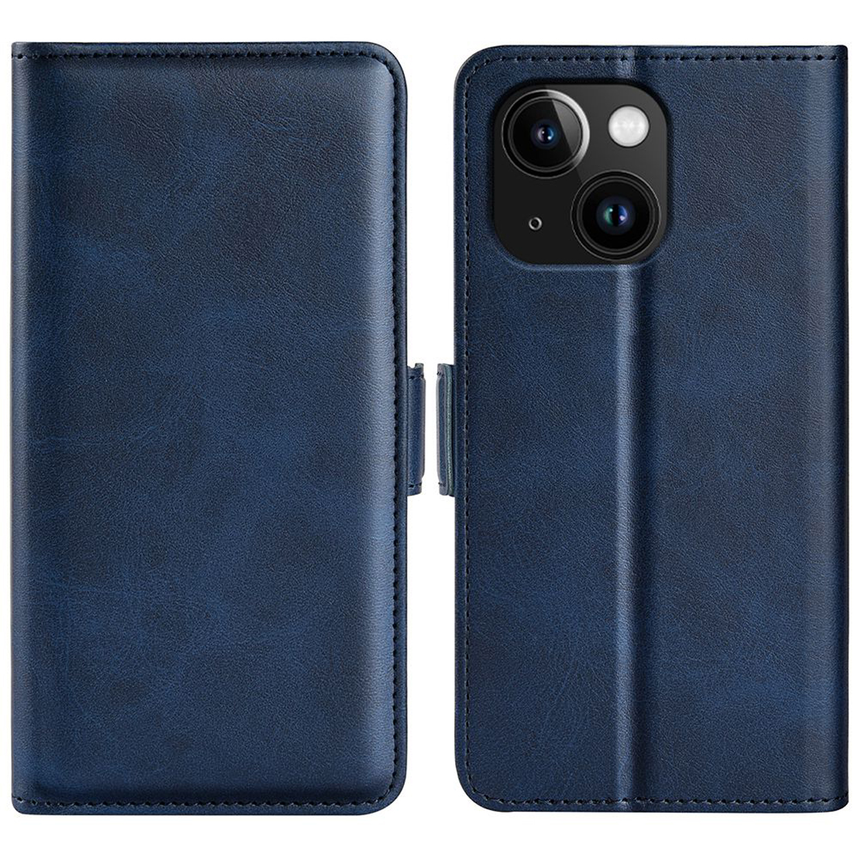 Blauwe leren telefoonhoes, open en dicht, met telefoon.