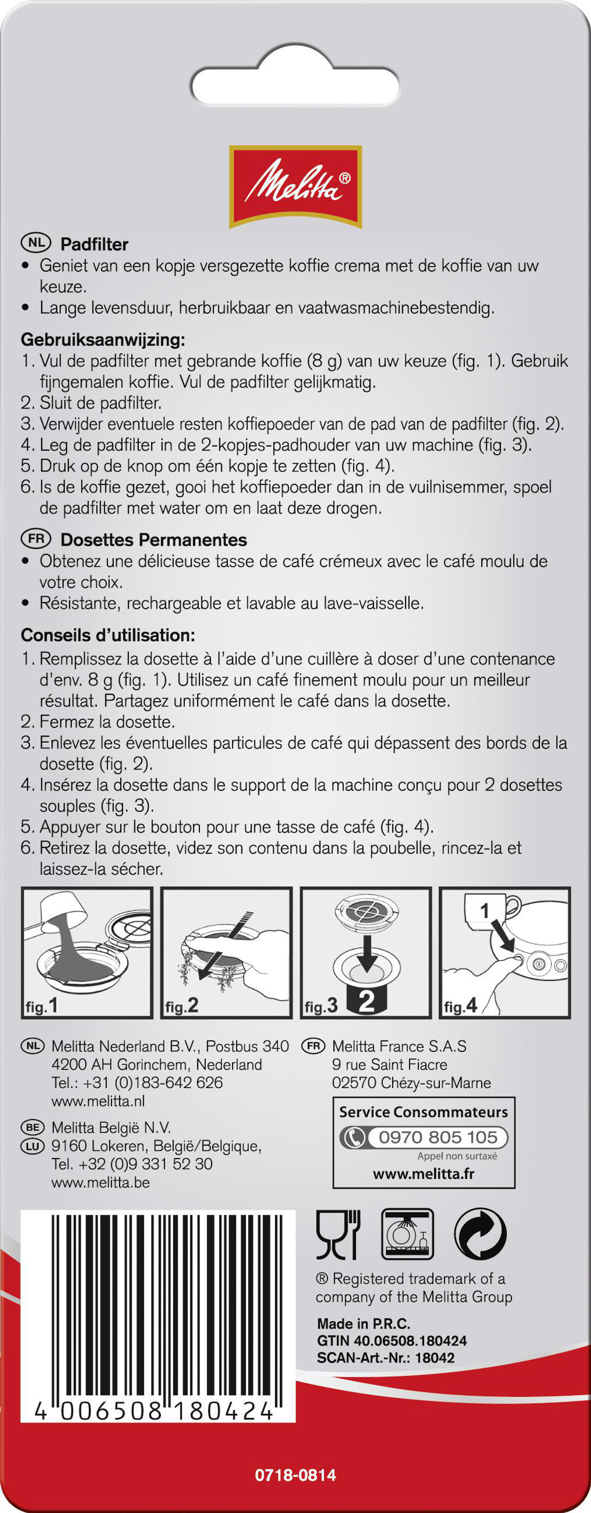 Rückseite einer Melitta Kaffeefilterpackung mit Anweisungen und Produktdetails.