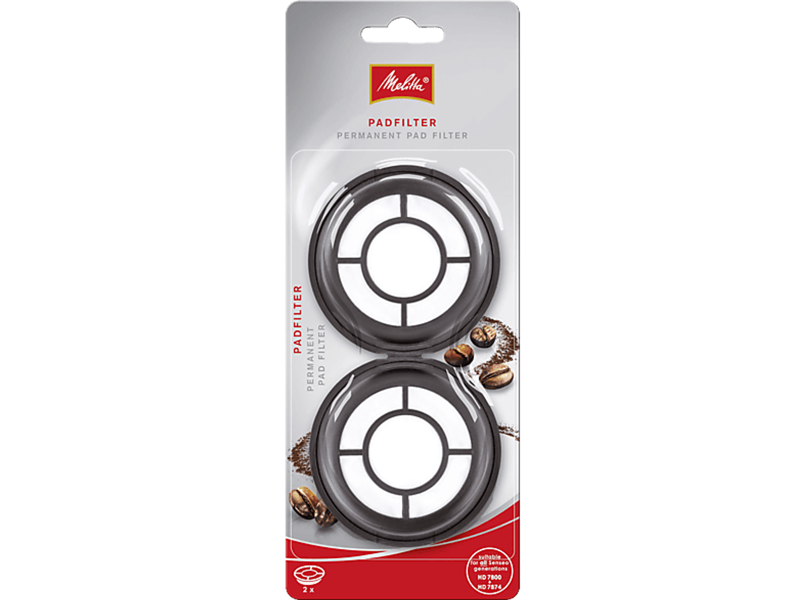 Zwei schwarze Dauer-Padfilter in einer Verpackung, mit Kaffeebohnen und dem Melitta-Logo.