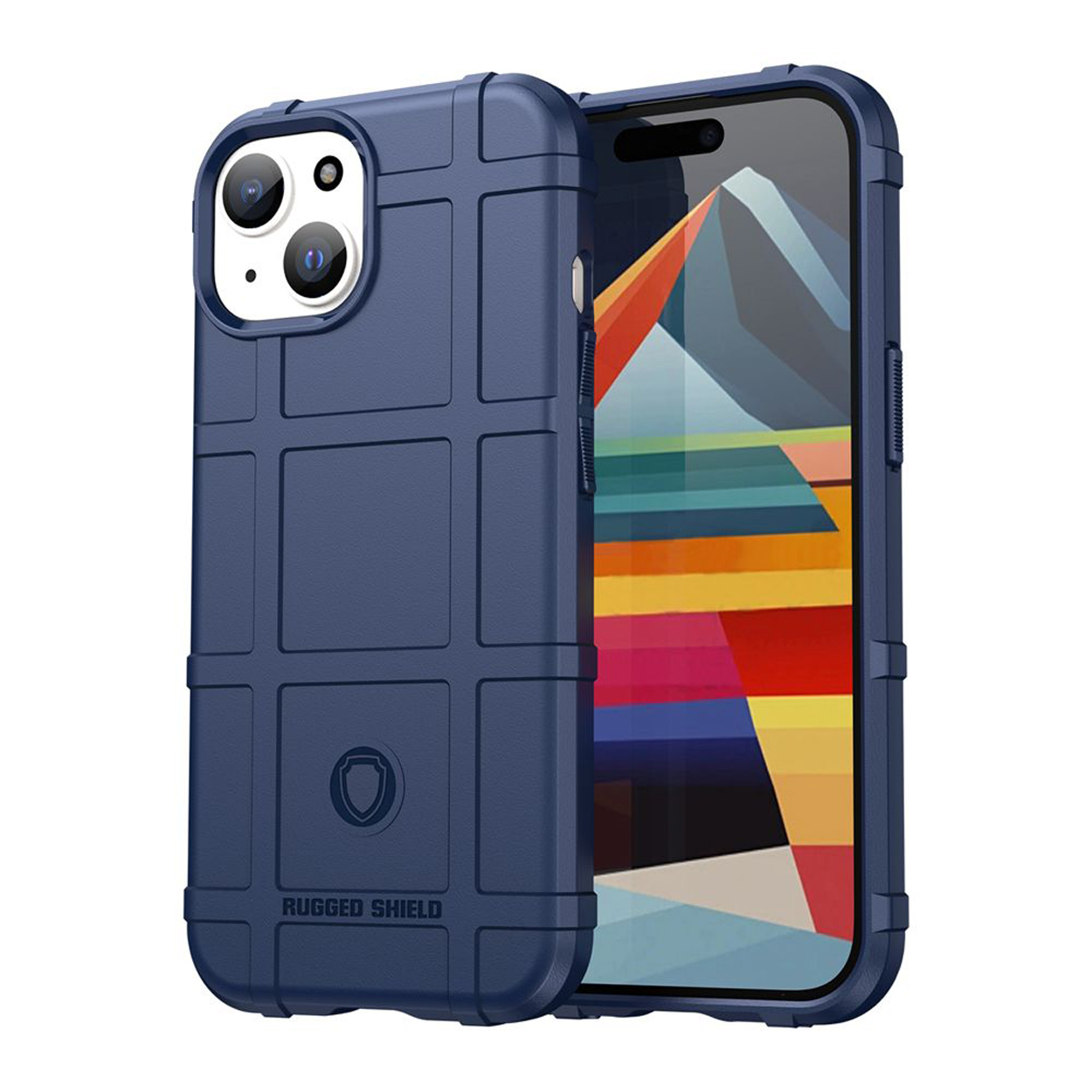 Coque de téléphone robuste bleue. Design texturé, avec un téléphone à l'intérieur. Découpes pour caméra et boutons visibles.