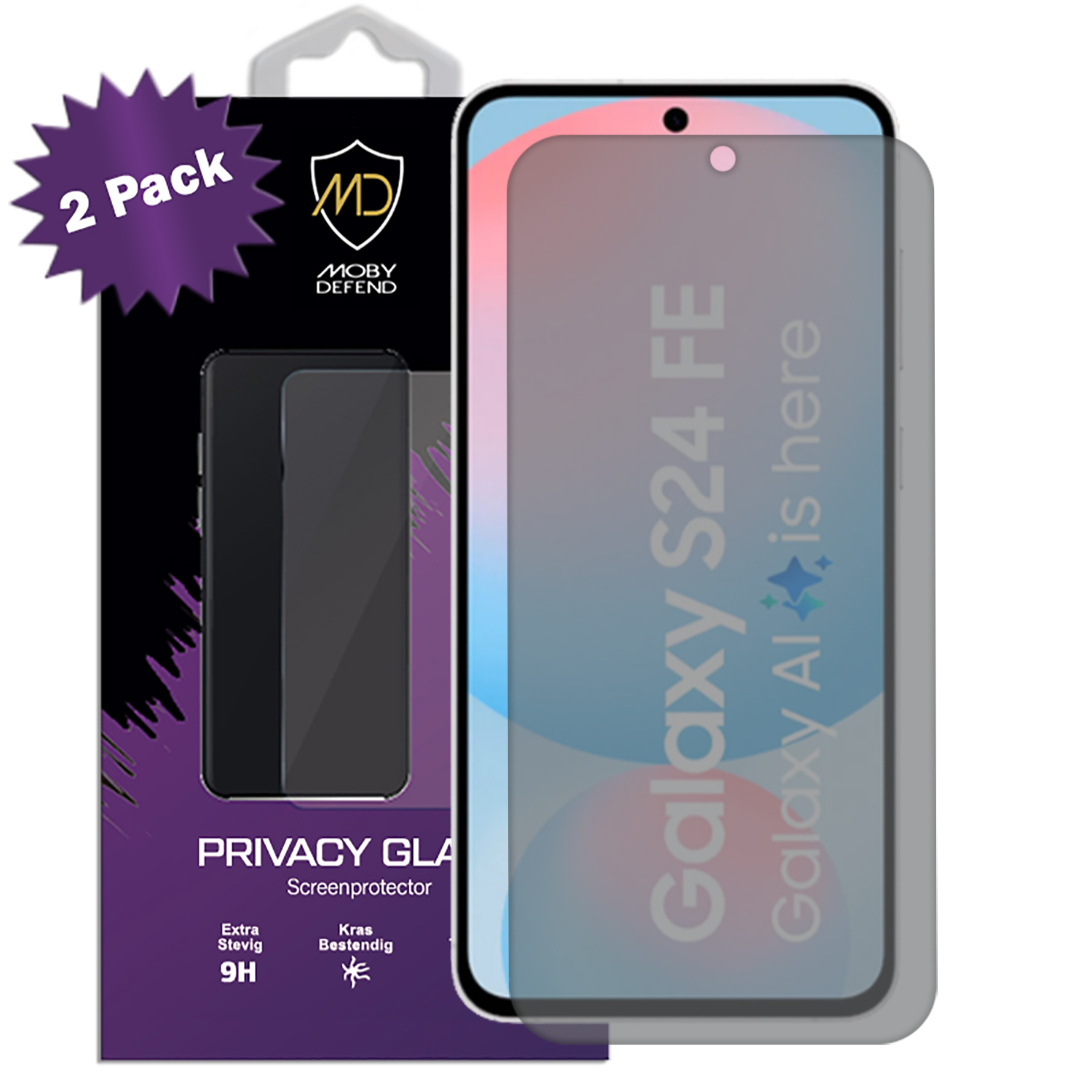 Verpakking van schermbeschermer. Tekst: Privacy Glass. Achtergrond: wit.