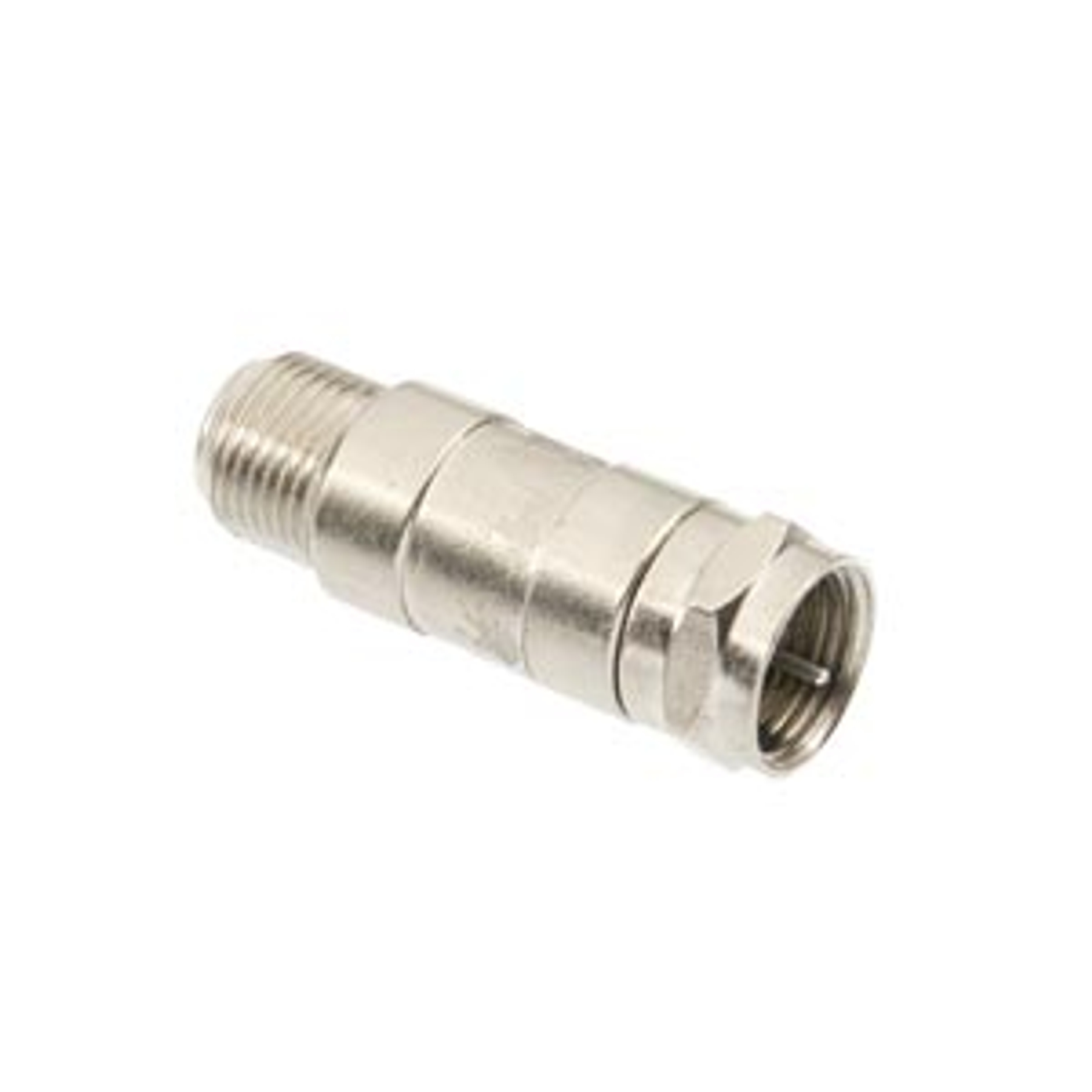 Ein silberner Koaxialstecker auf weißem Hintergrund.