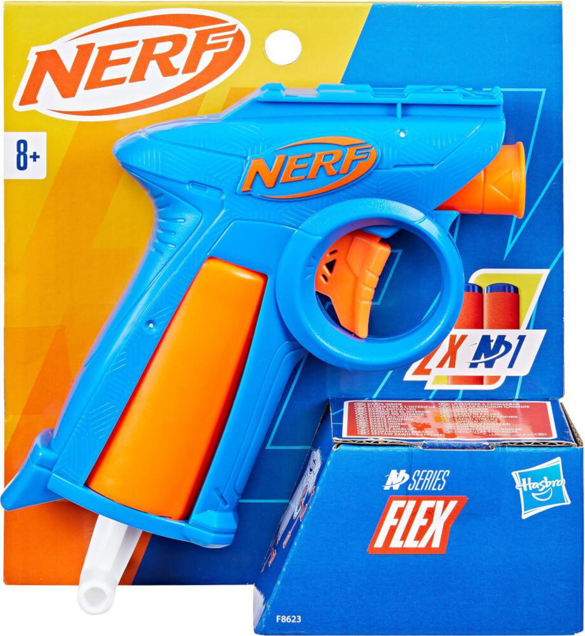 Juguete de pistola Nerf azul y naranja en su embalaje. El juguete está sobre un fondo blanco.