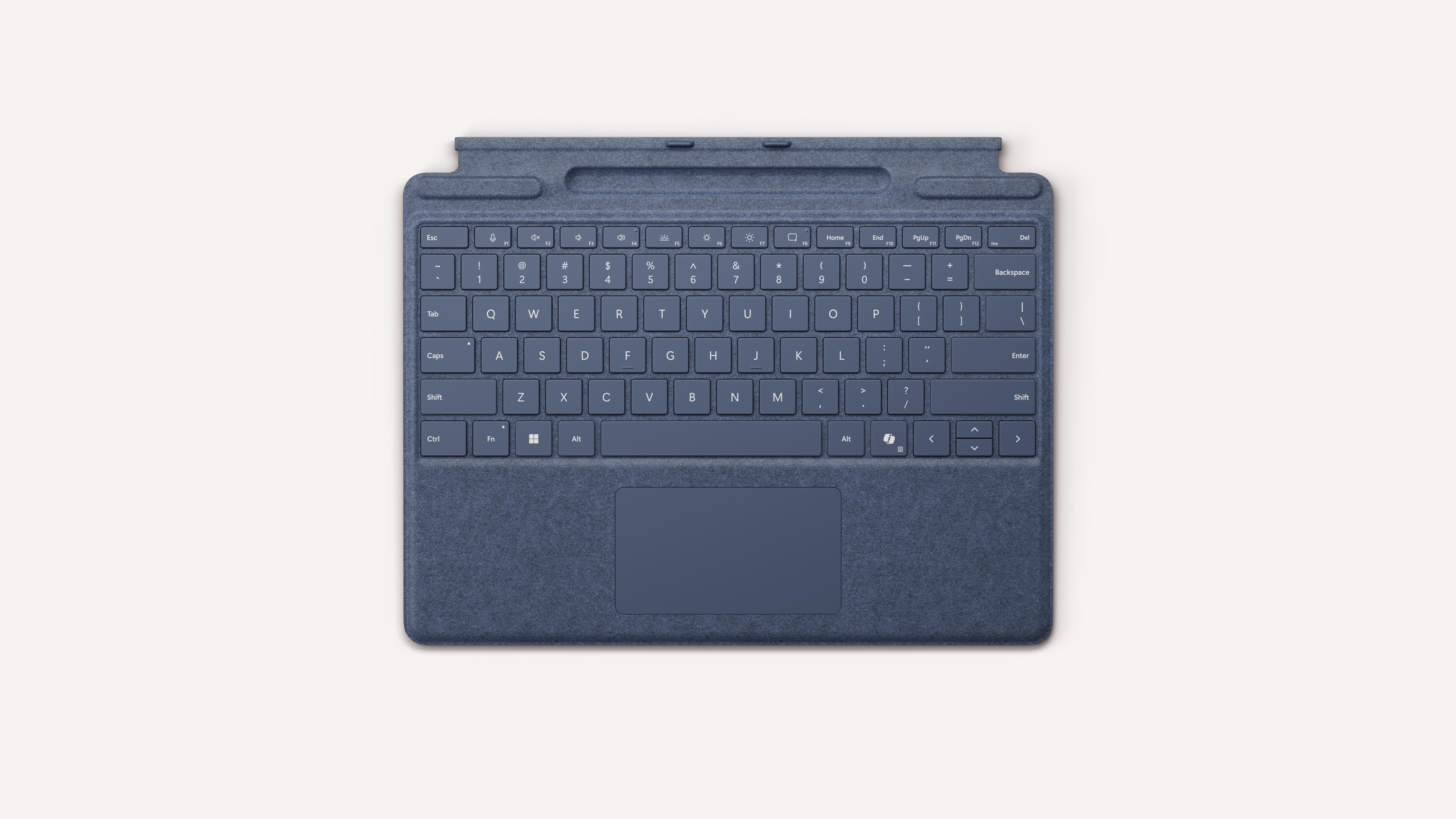 Copertura tastiera blu con touchpad su sfondo bianco.