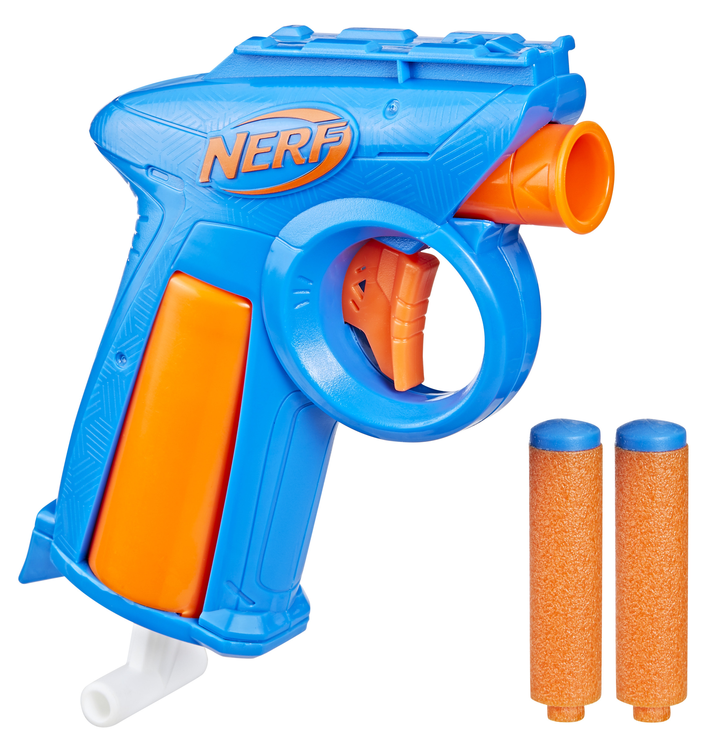 Pistola Nerf azul y naranja con dos dardos naranjas. Fondo blanco.