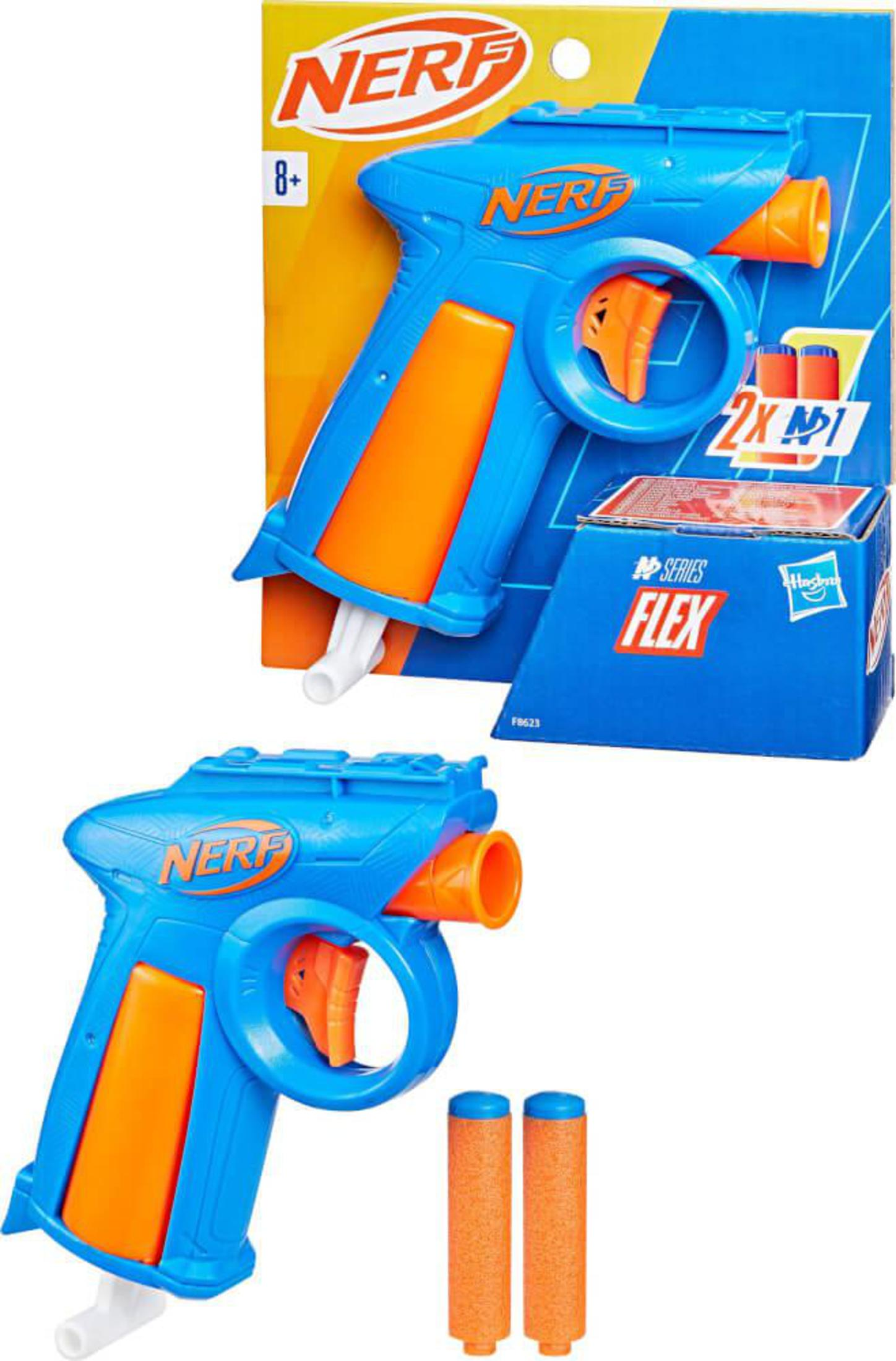 Pistola de juguete azul y naranja con dos balas de espuma naranja y embalaje.