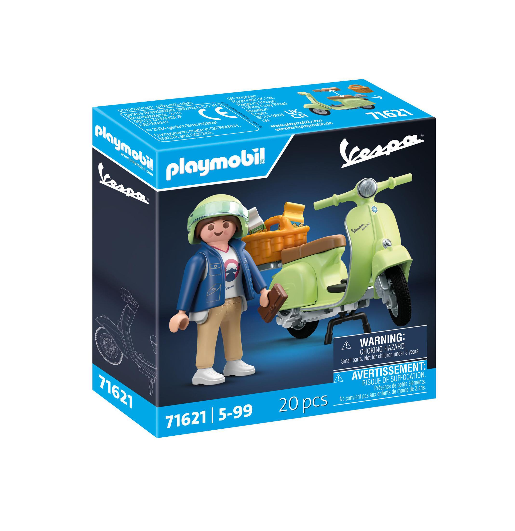 Zestaw Playmobil Vespa w pudełku. Zawiera figurkę, skuter i akcesoria. Białe tło.