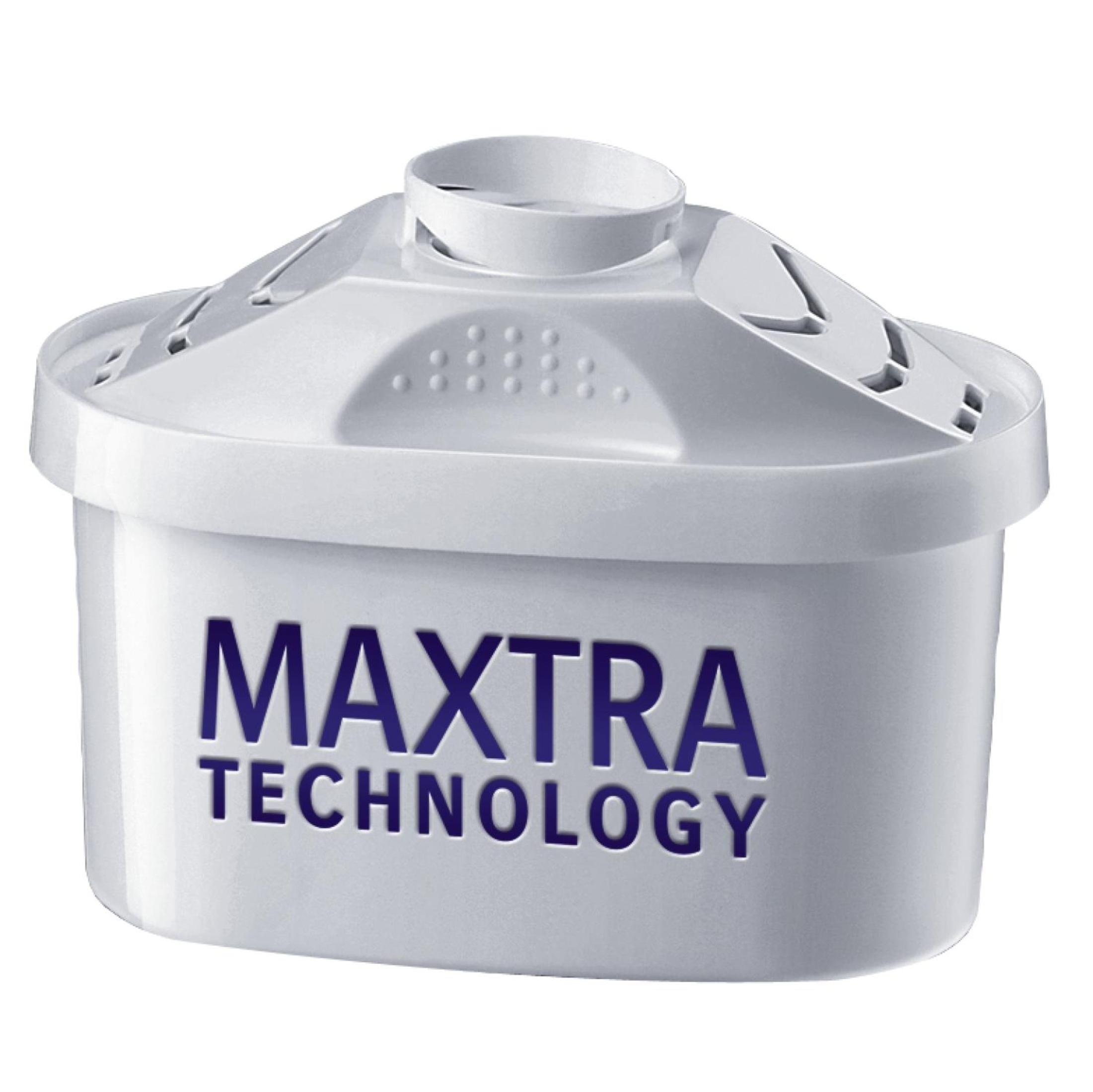 Weißer Maxtra Wasserfilter. Blauer Maxtra Technology-Text. Der Filter befindet sich in einer Kunststoffkartusche.