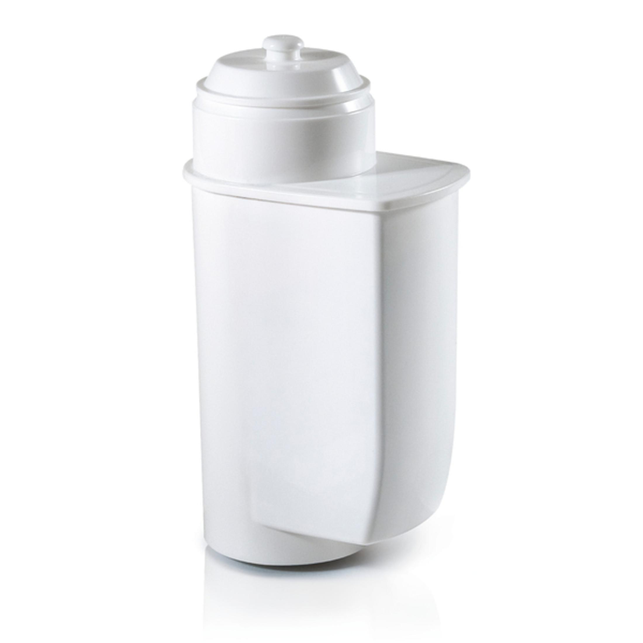Filtro dell'acqua bianco per una macchina filtrante. Sfondo bianco.