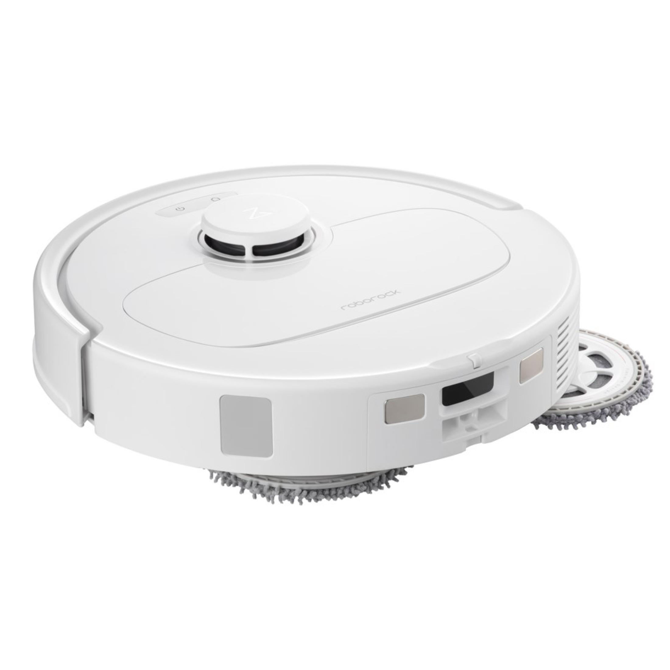 Biały odkurzacz robot. Okrągły kształt z dwiema obrotowymi szczotkami i małym ekranem.