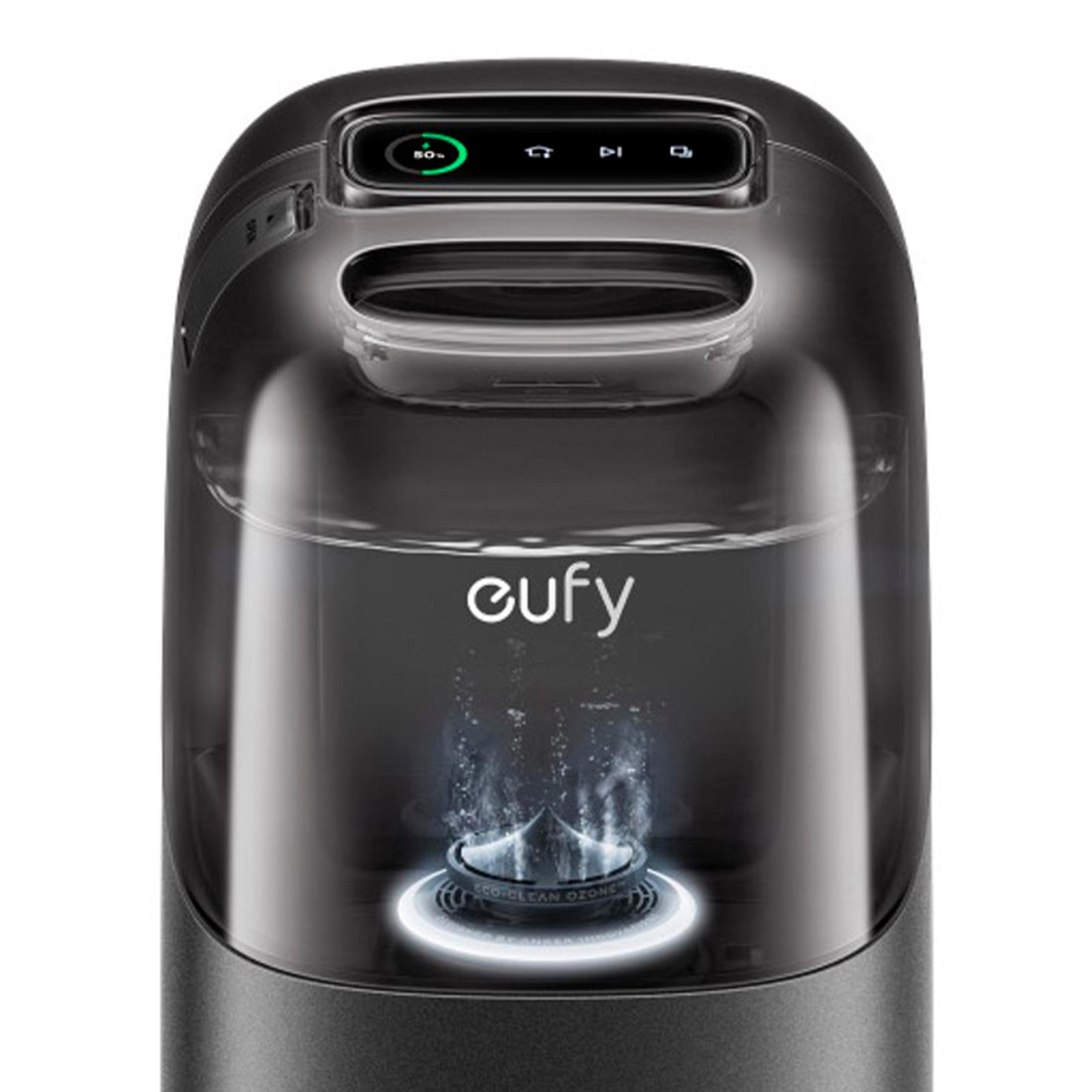 Czarny, przezroczysty oczyszczacz powietrza z marką "eufy" z przodu i niebieskim światłem u podstawy.