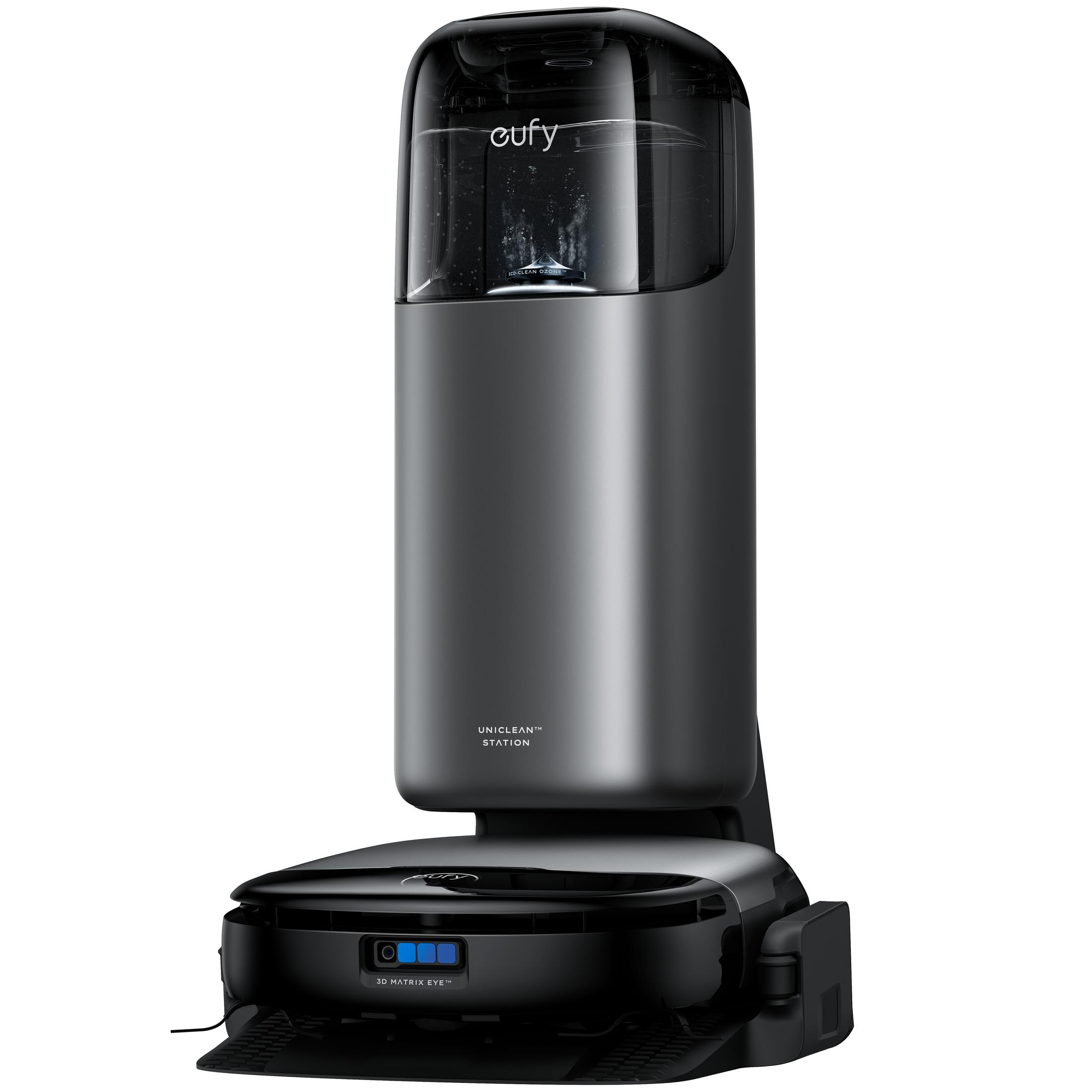 Czarny i szary robot odkurzający. Góra ma zbiornik na wodę. Podstawa ma szczotkę.