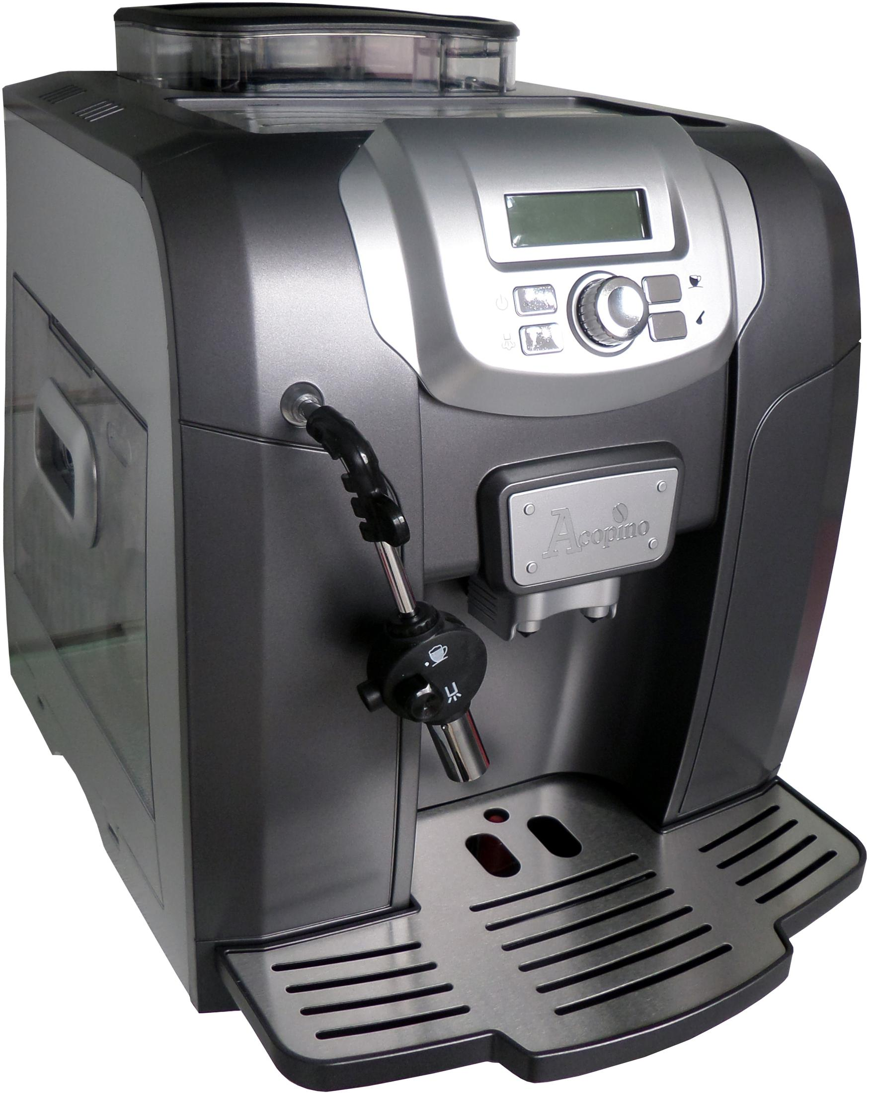 Grau-silberne Espressomaschine. Sie hat einen kleinen Bildschirm und eine Dampflanze.