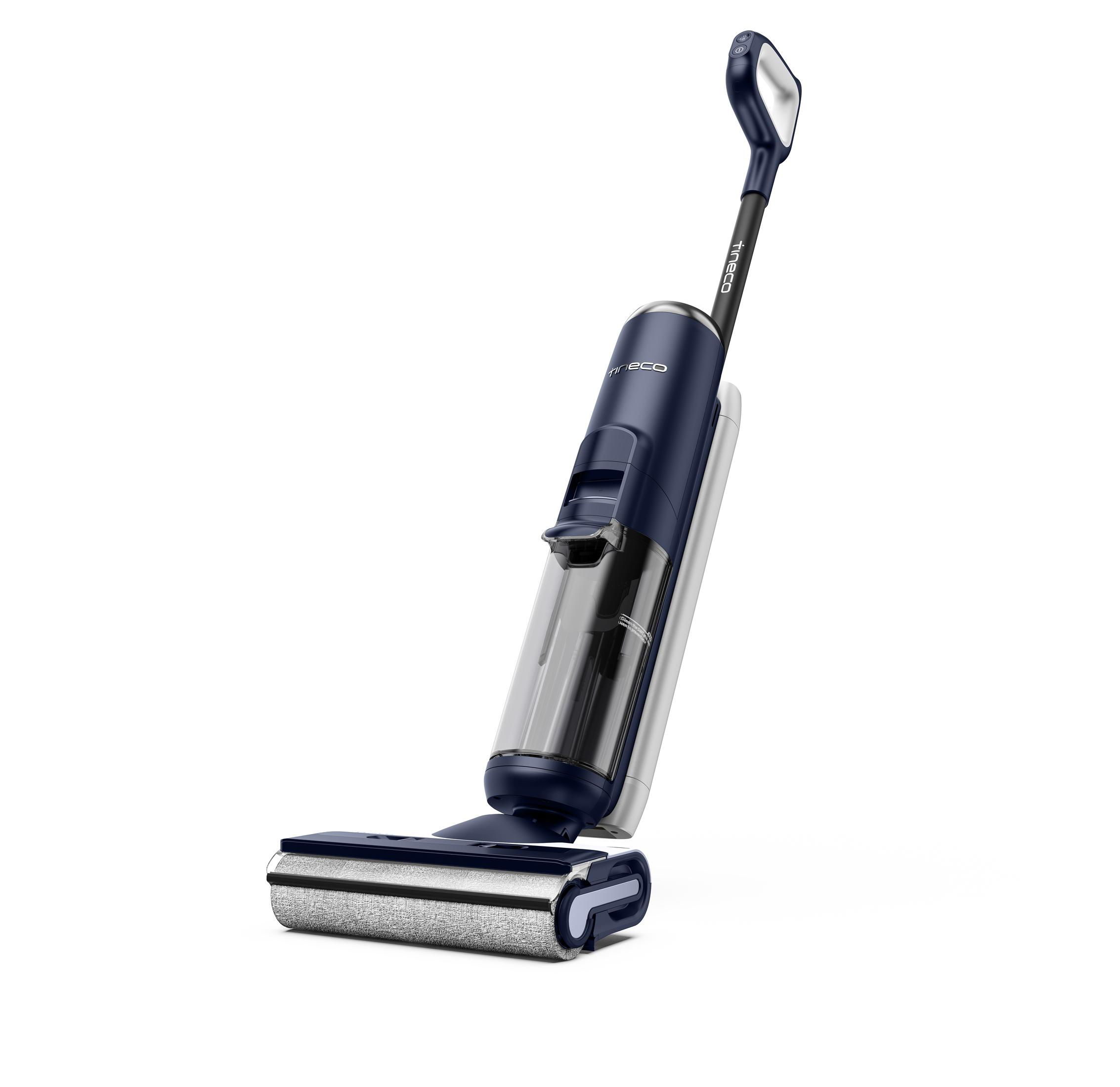 Niebiesko-srebrna bezprzewodowa myjka do podłóg na białym tle, skierowana w lewo.