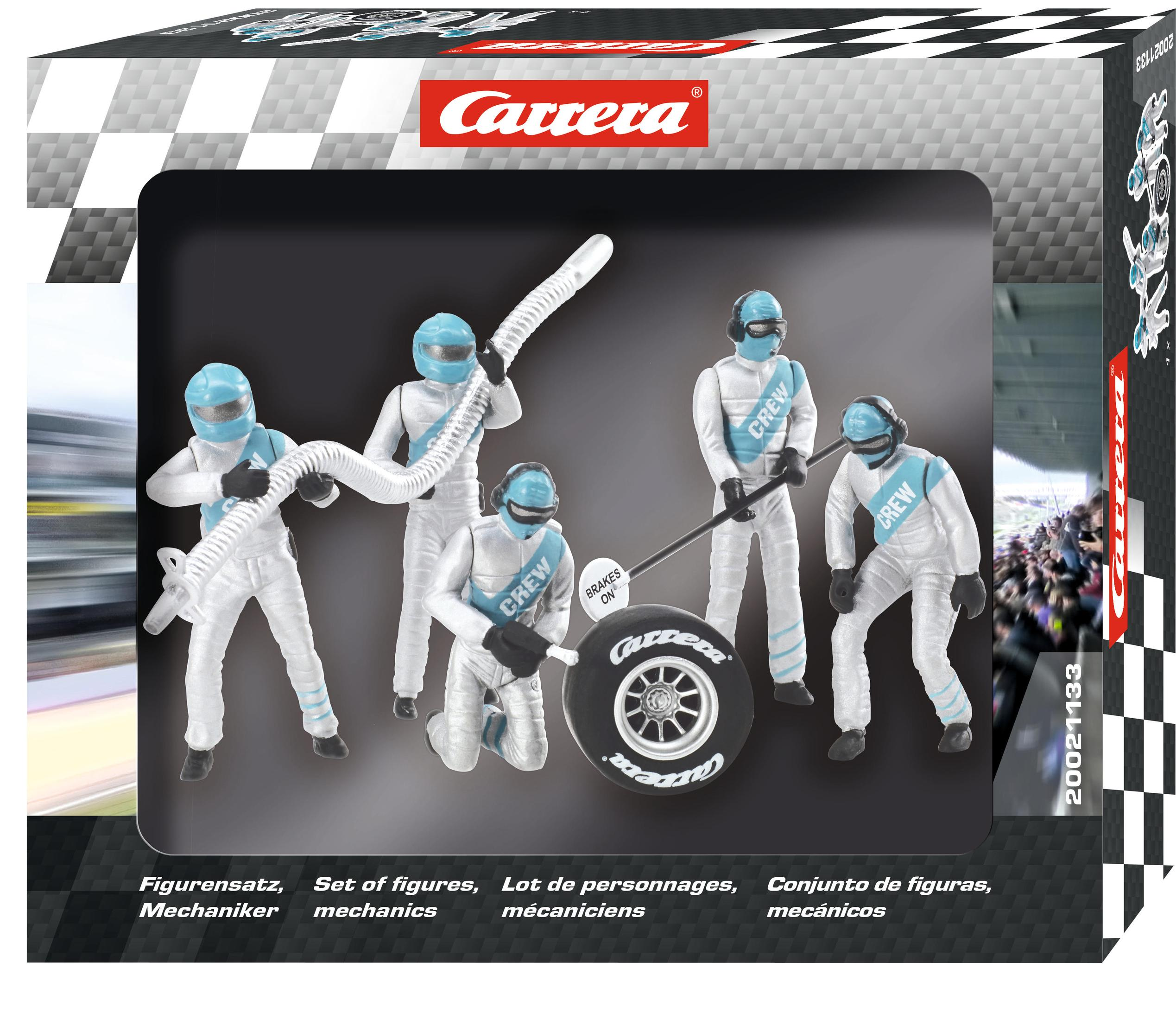 Ein Carrera Spielzeugset mit Rennmechaniker-Figuren in einer Box mit einem Autorad.