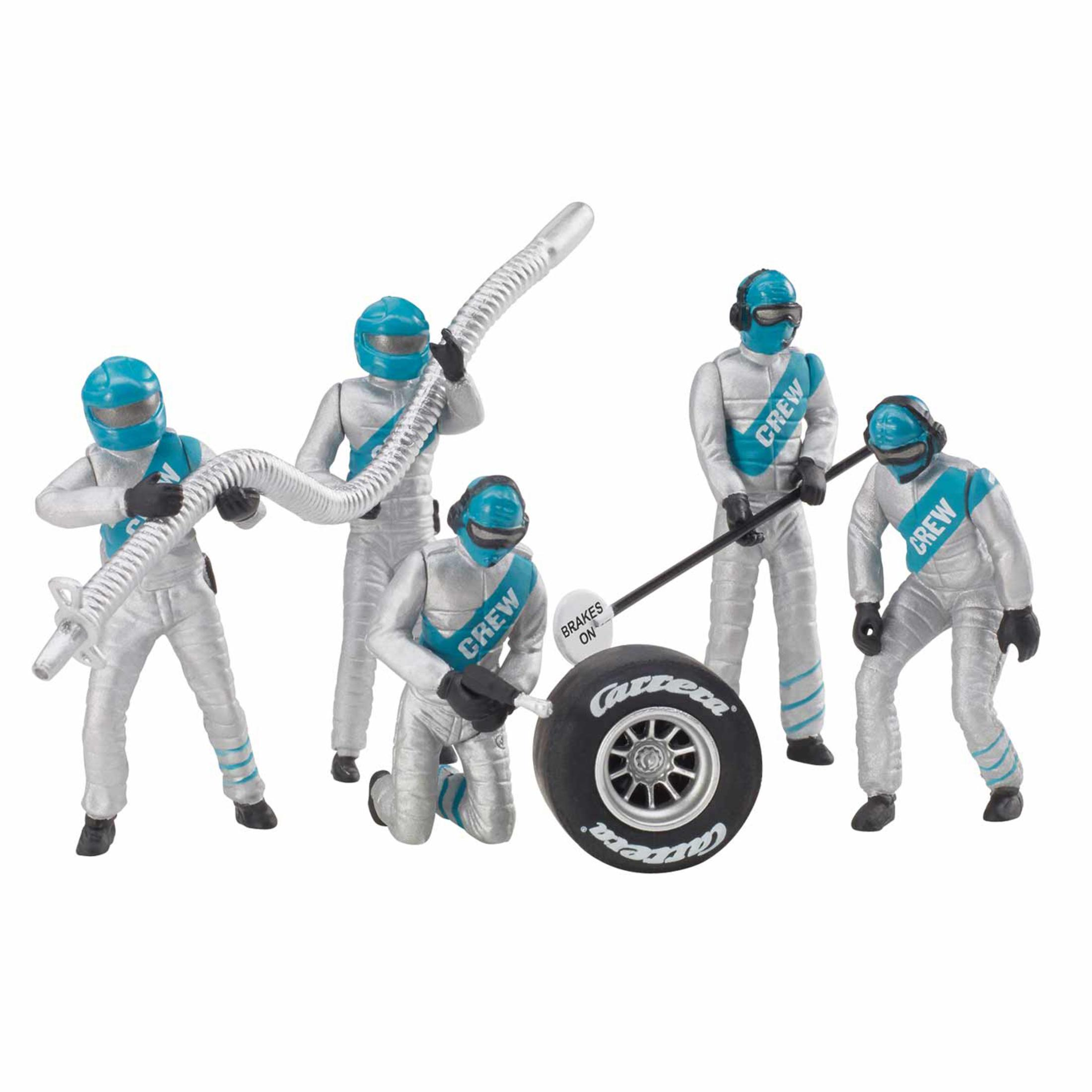 Eine Gruppe von Rennwagen-Boxencrew-Figuren. Sie tragen silberne Anzüge und blaue Helme und arbeiten an einem Reifen.