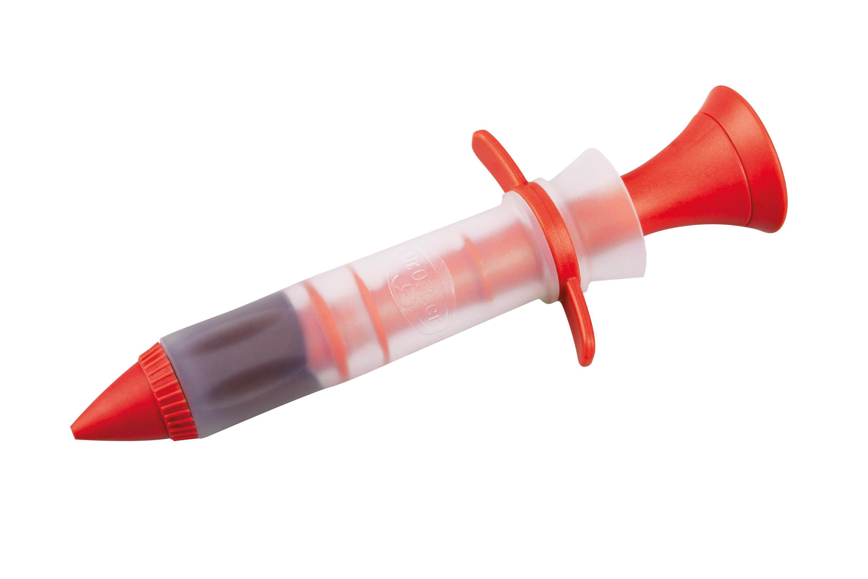Rotes spritzenförmiges Küchenwerkzeug. Transparenter Zylinder mit dunkler Flüssigkeit. Weißer Hintergrund.