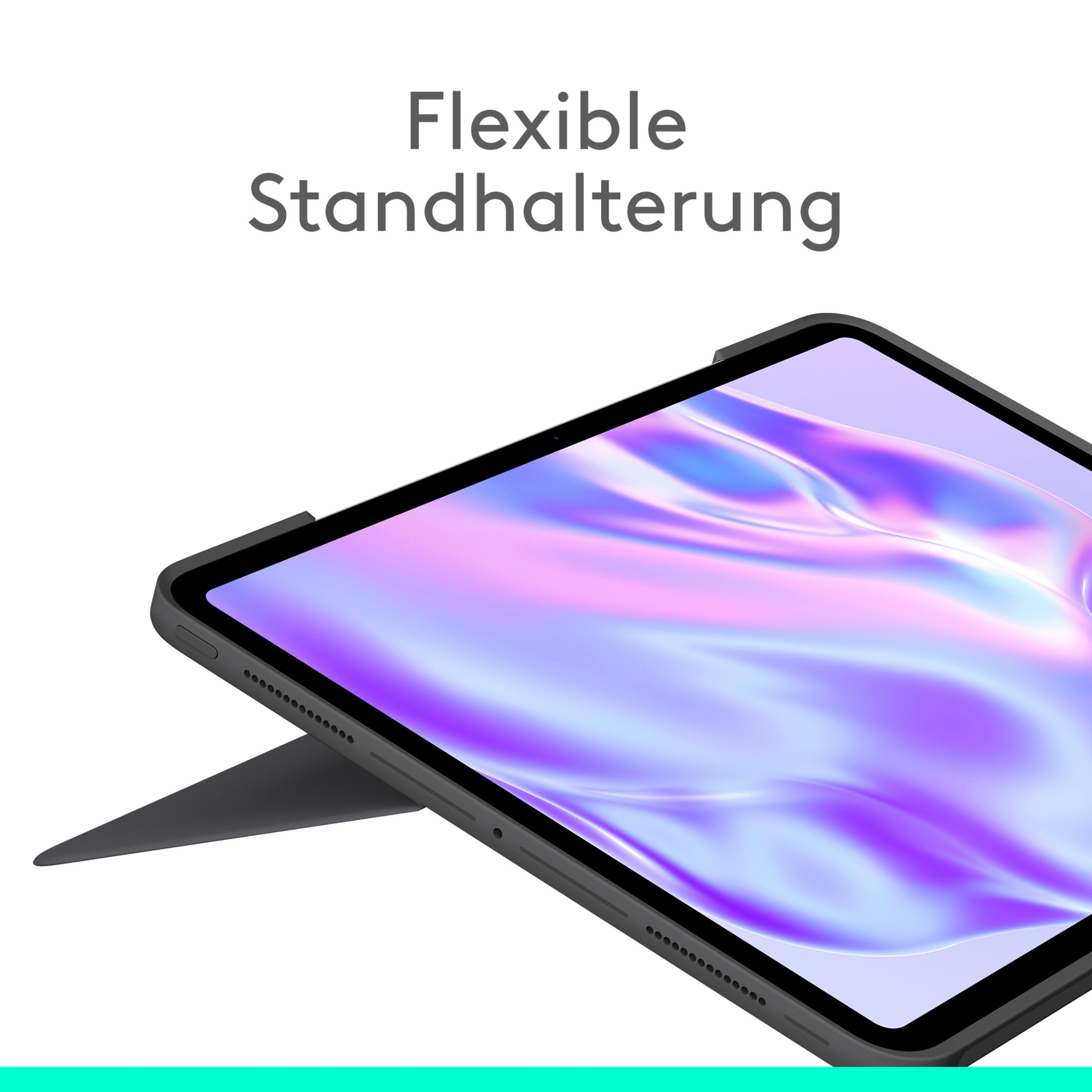 iPad w czarnym etui ze stojakiem. Tekst: Flexible Standhalterung.