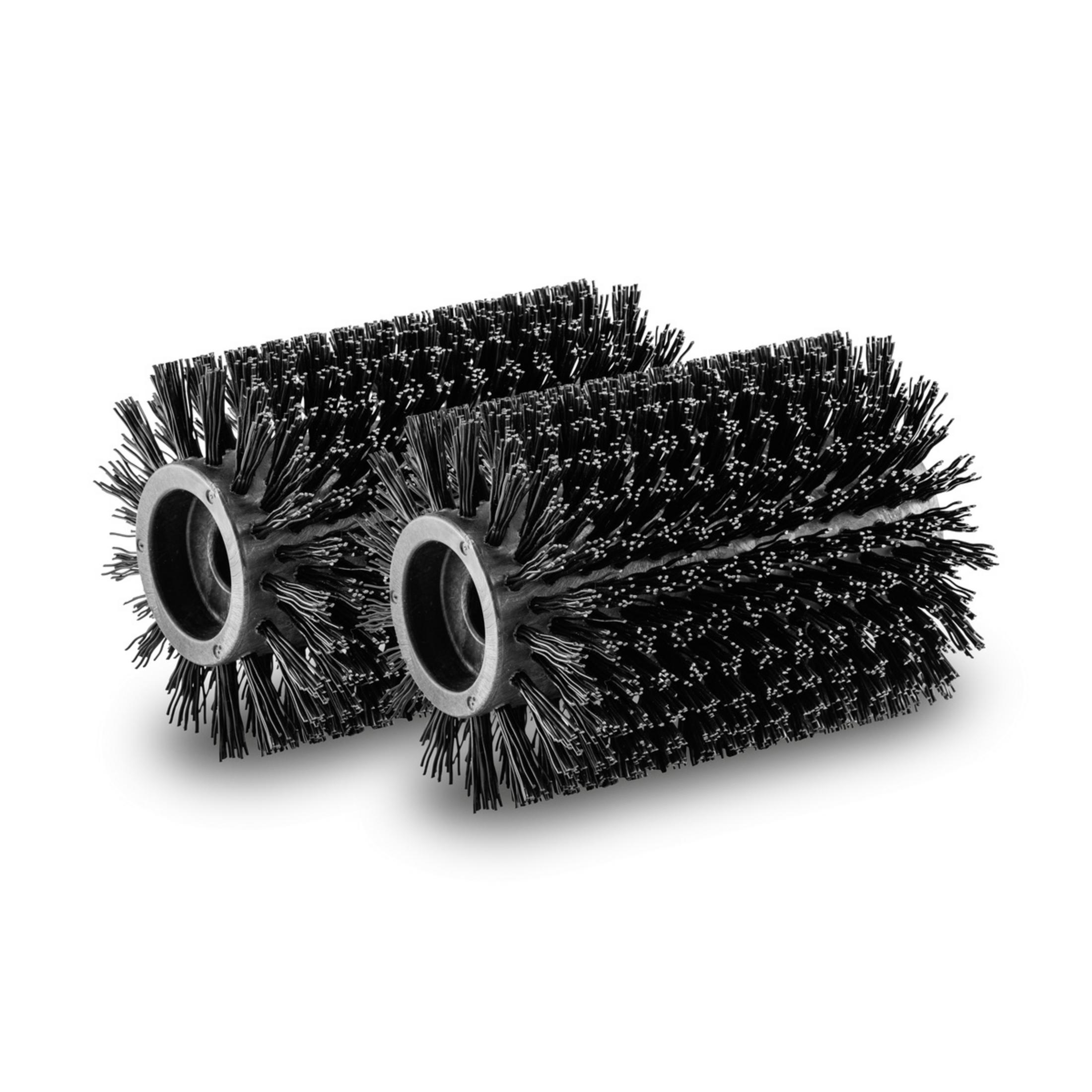 Due spazzole cilindriche nere con setole, centri metallici e sfondo bianco.