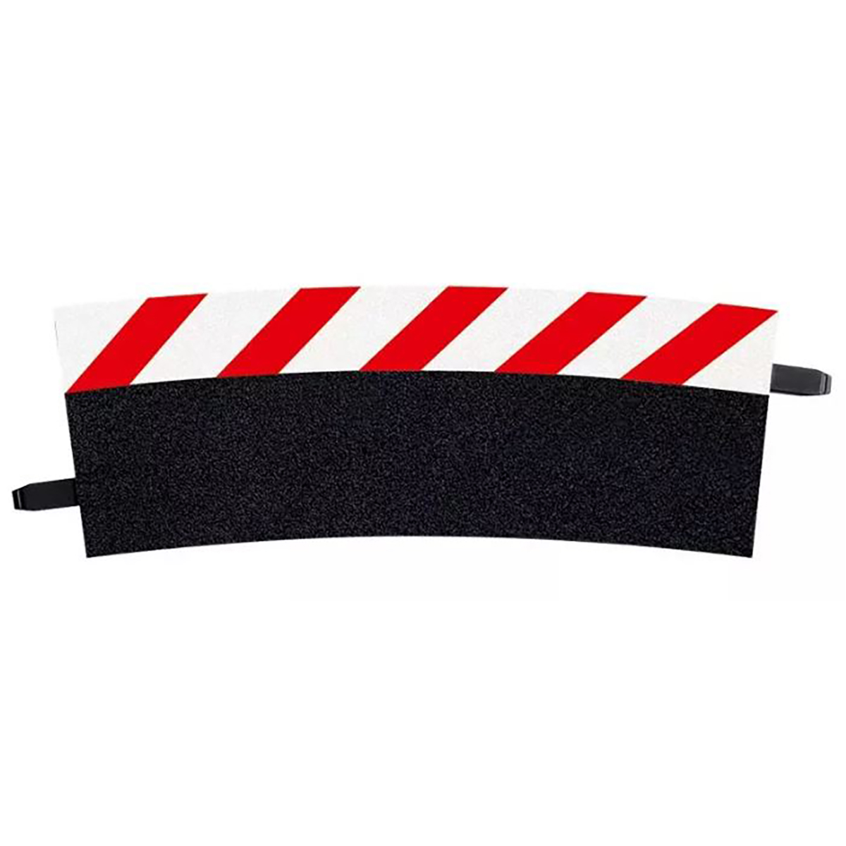Gebogene schwarze Strecke mit rot-weißen Streifen.