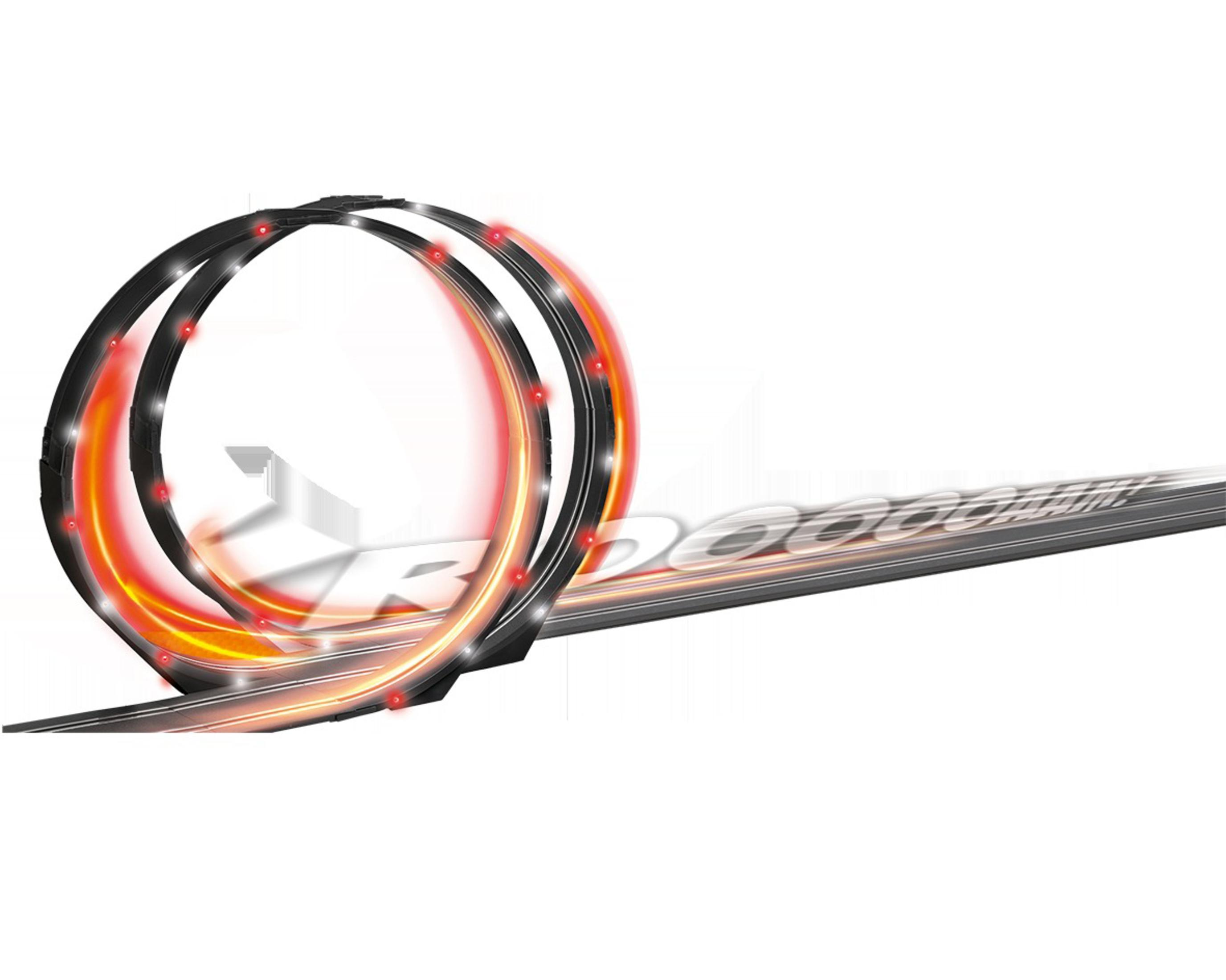 Una pista ad alta velocità con un anello, con luci rosse e un effetto velocità sfocato.